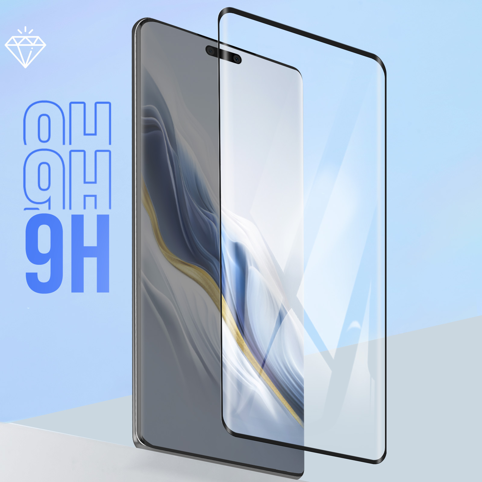 Afbeelding toont een smartphone met een schermbeschermer. De telefoon is zilverkleurig, de beschermer is helder, met blauwe en witte achtergrond.