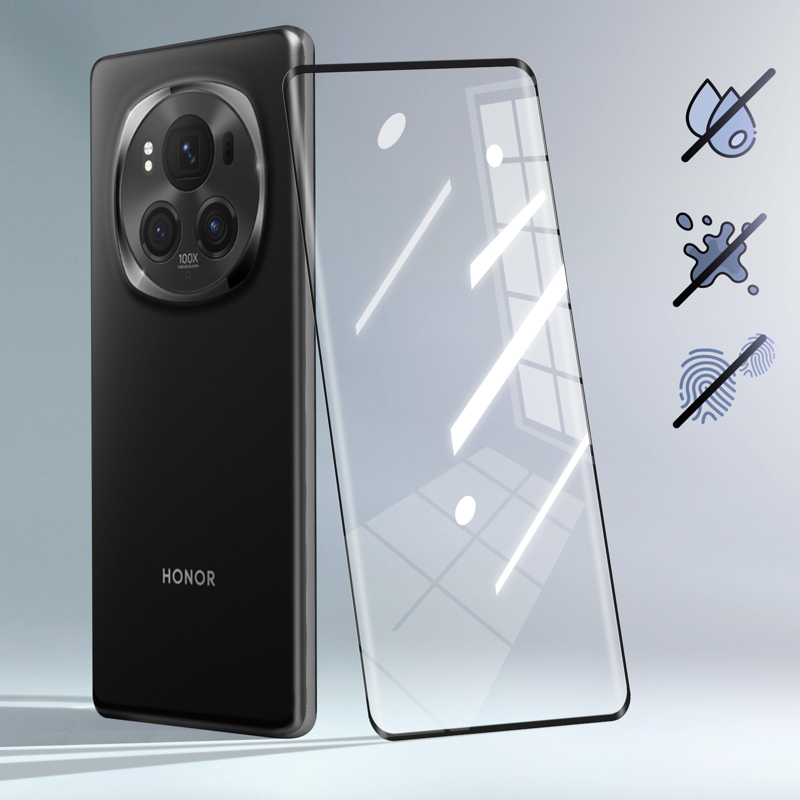 Zwarte telefoon en schermbeschermer, water- en vingerafdrukbestendig. Telefoon heeft meerdere camera's en het merk HONOR.