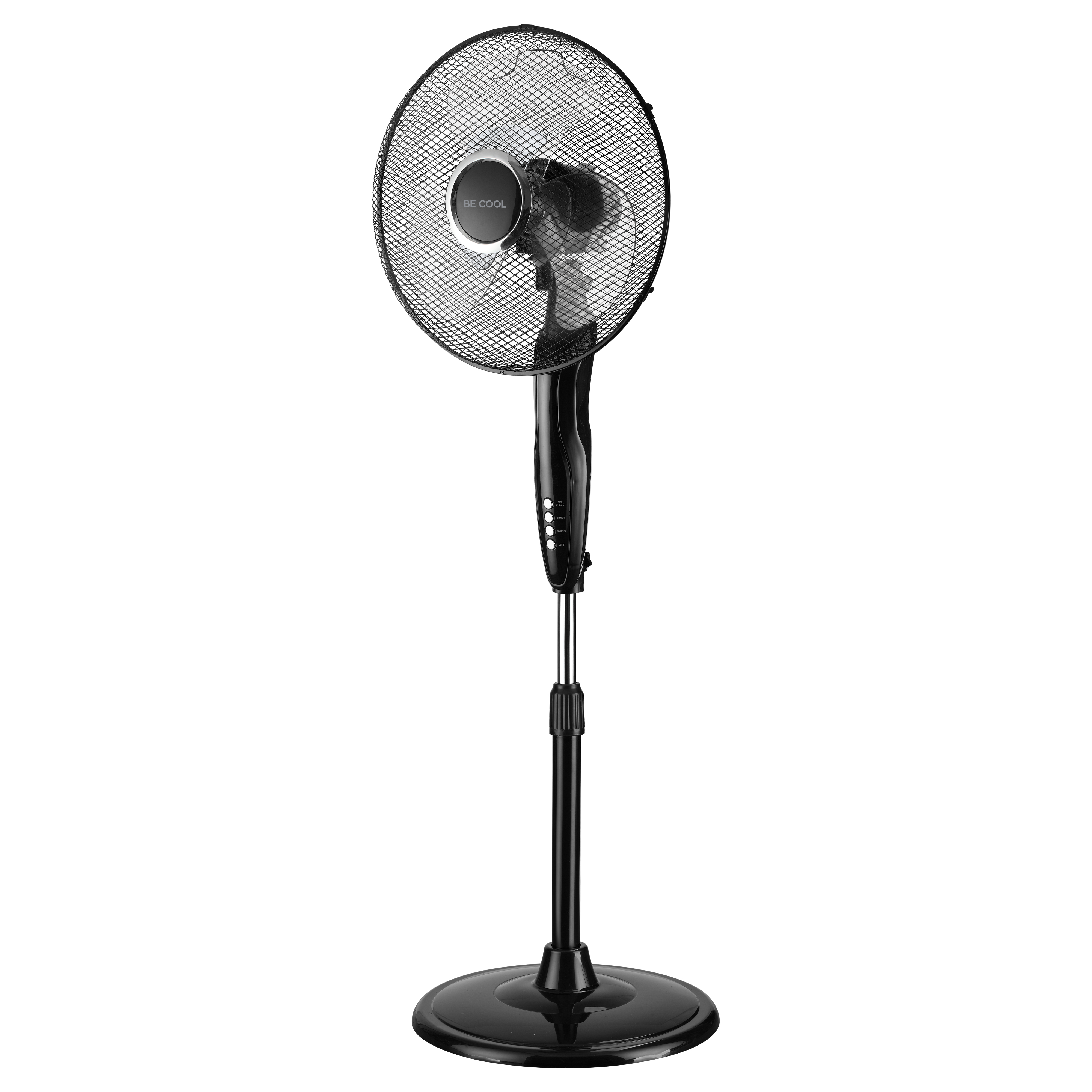 Schwarzer Standventilator mit rundem Sockel und Schutzgitter. Weißer Hintergrund.