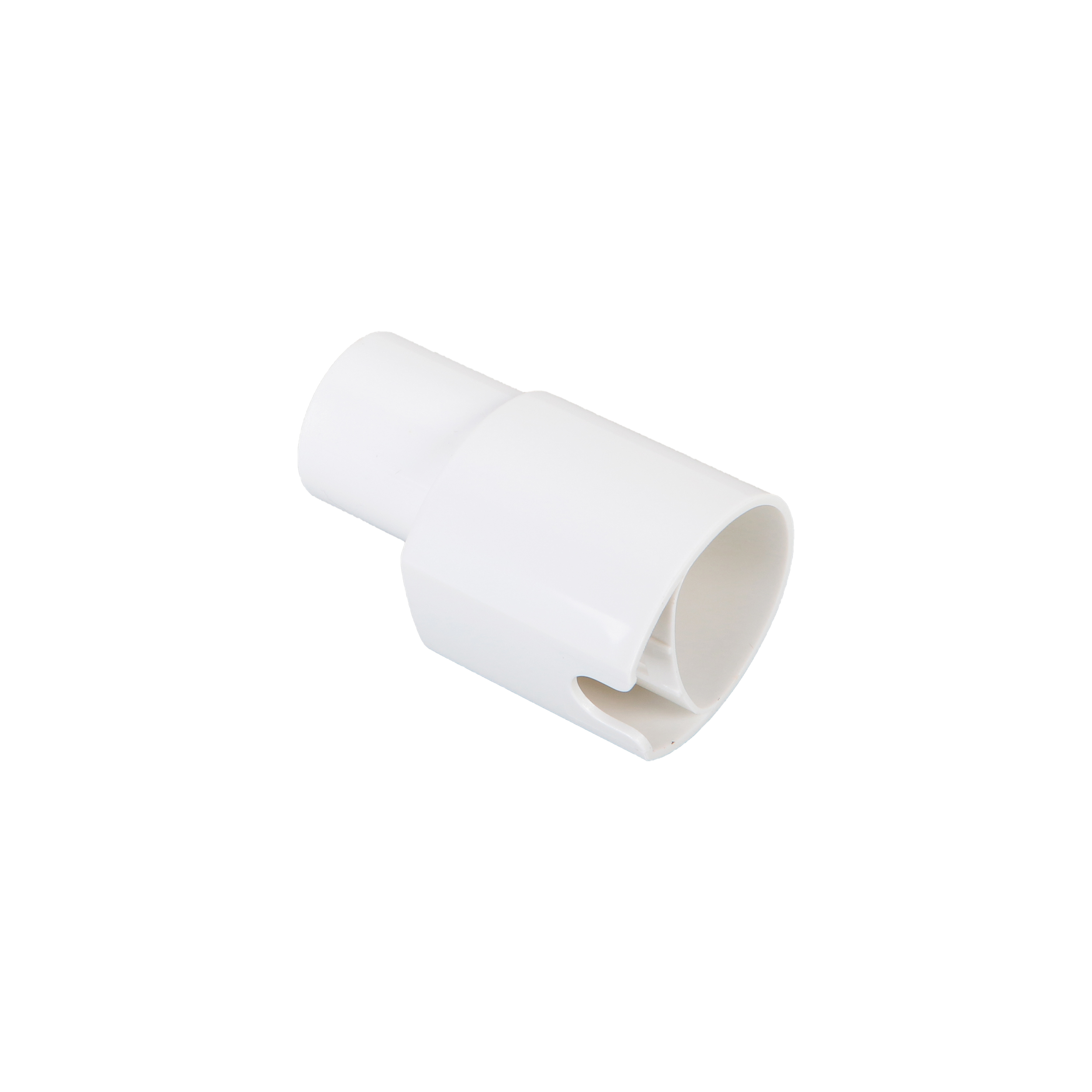 Ein weißer Kunststoffadapter auf weißem Hintergrund.