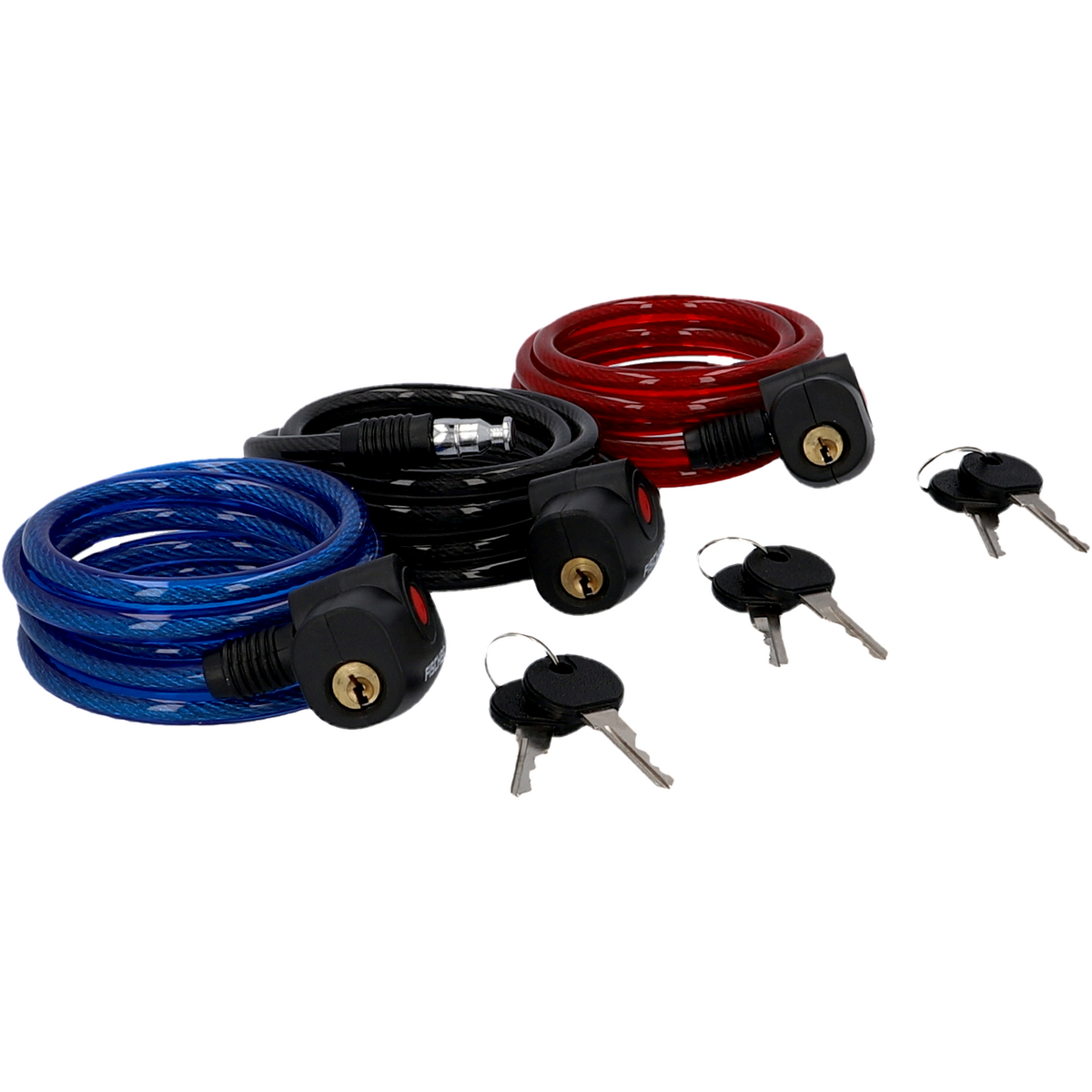 Mehrere aufgerollte Fahrradkabelschlösser in Blau, Schwarz und Rot mit Schlüsseln.