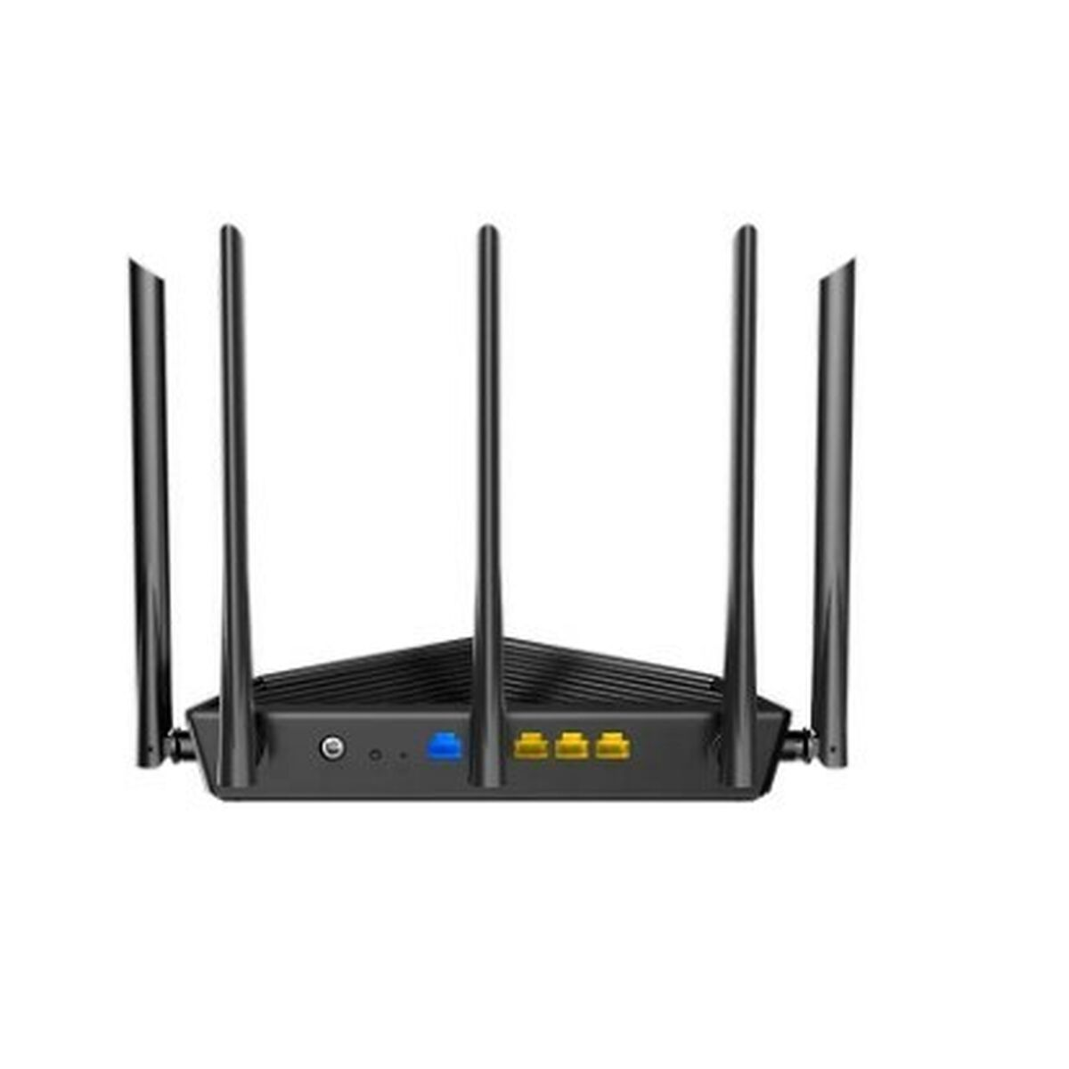 Router nero con sei antenne. Su sfondo bianco, mostra porte e punti di connessione.