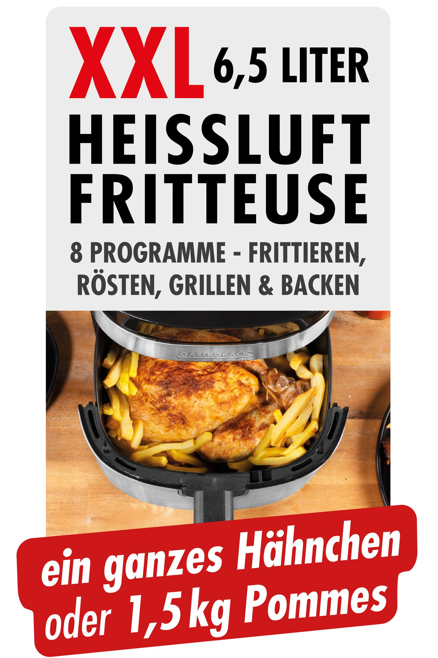Friggitrice ad aria con pollo e patatine fritte. Testo in tedesco.