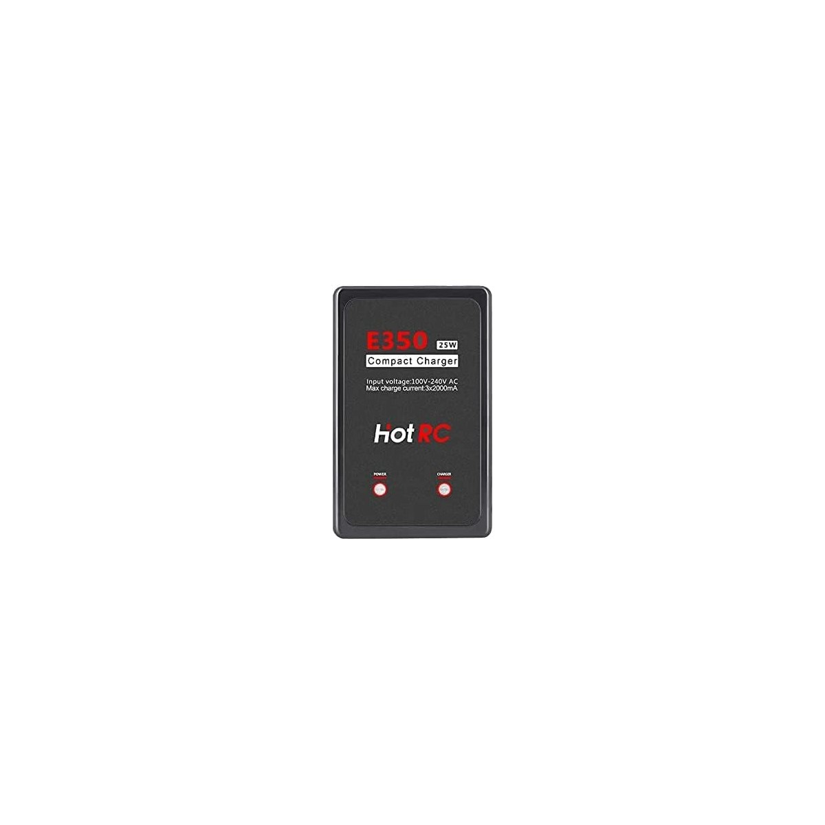 Schwarzes Kompaktladegerät mit der Aufschrift „E350 Compact Charger“ und dem hotRC-Logo.