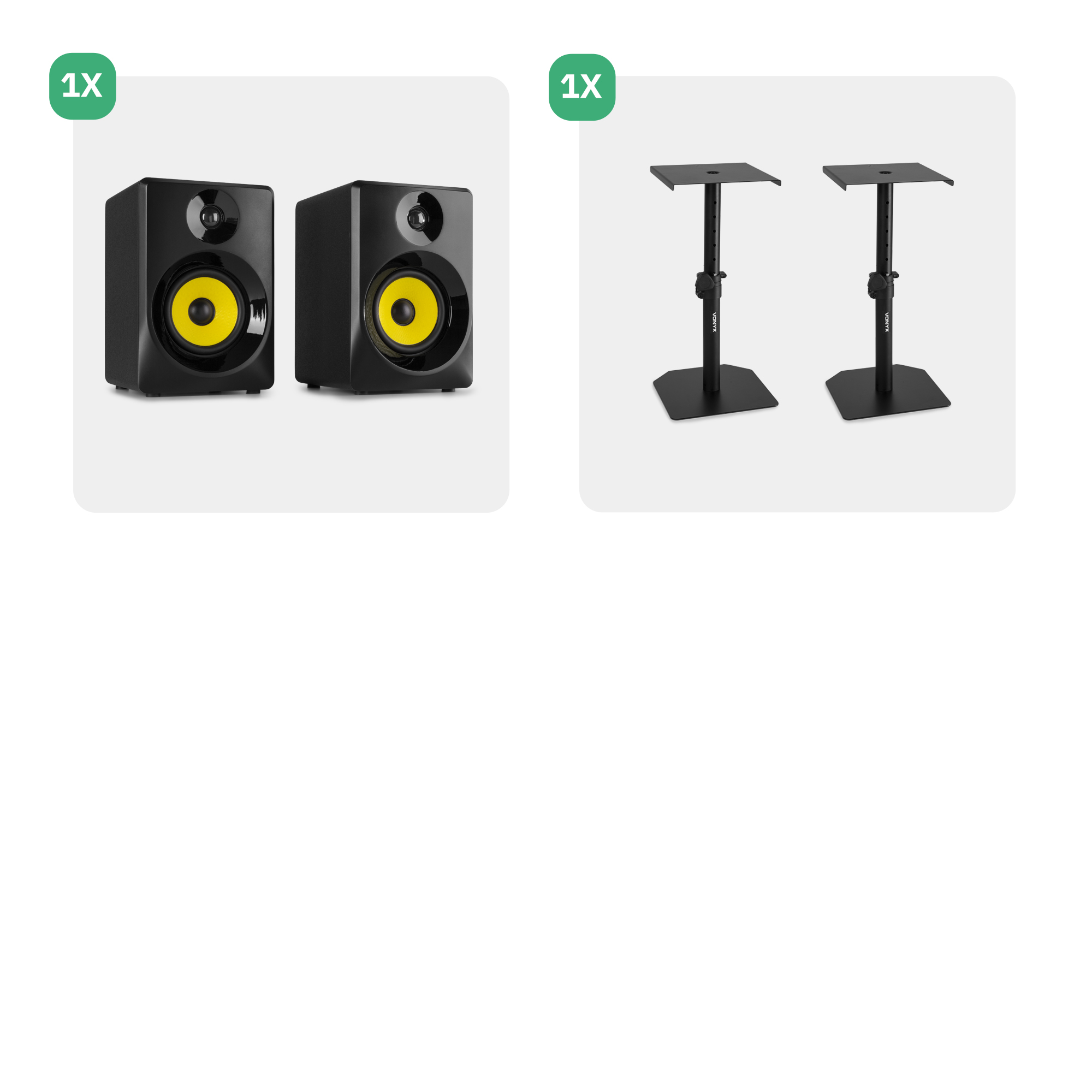 Dos altavoces negros con conos amarillos y soportes, sobre fondo blanco.