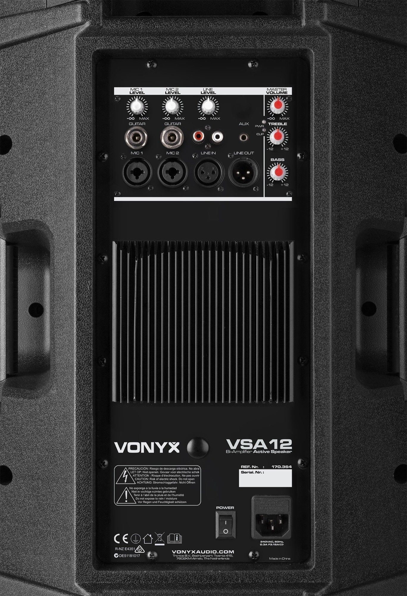Zwarte speaker achterkant met bediening en Vonyx logo. Geribbeld ontwerp.