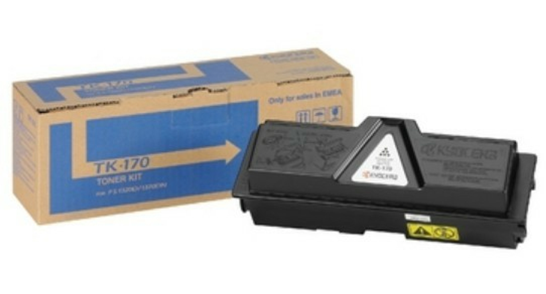 Una scatola del kit toner Kyocera TK-170 e la cartuccia toner accanto, su sfondo bianco.
