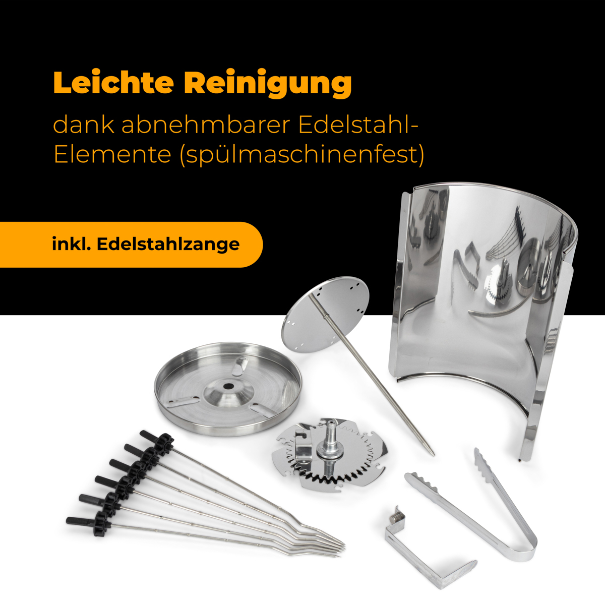 Srebrny zestaw do grillowania ze szczypcami, szpikulcami i innymi elementami, na białej powierzchni z niemieckim tekstem.