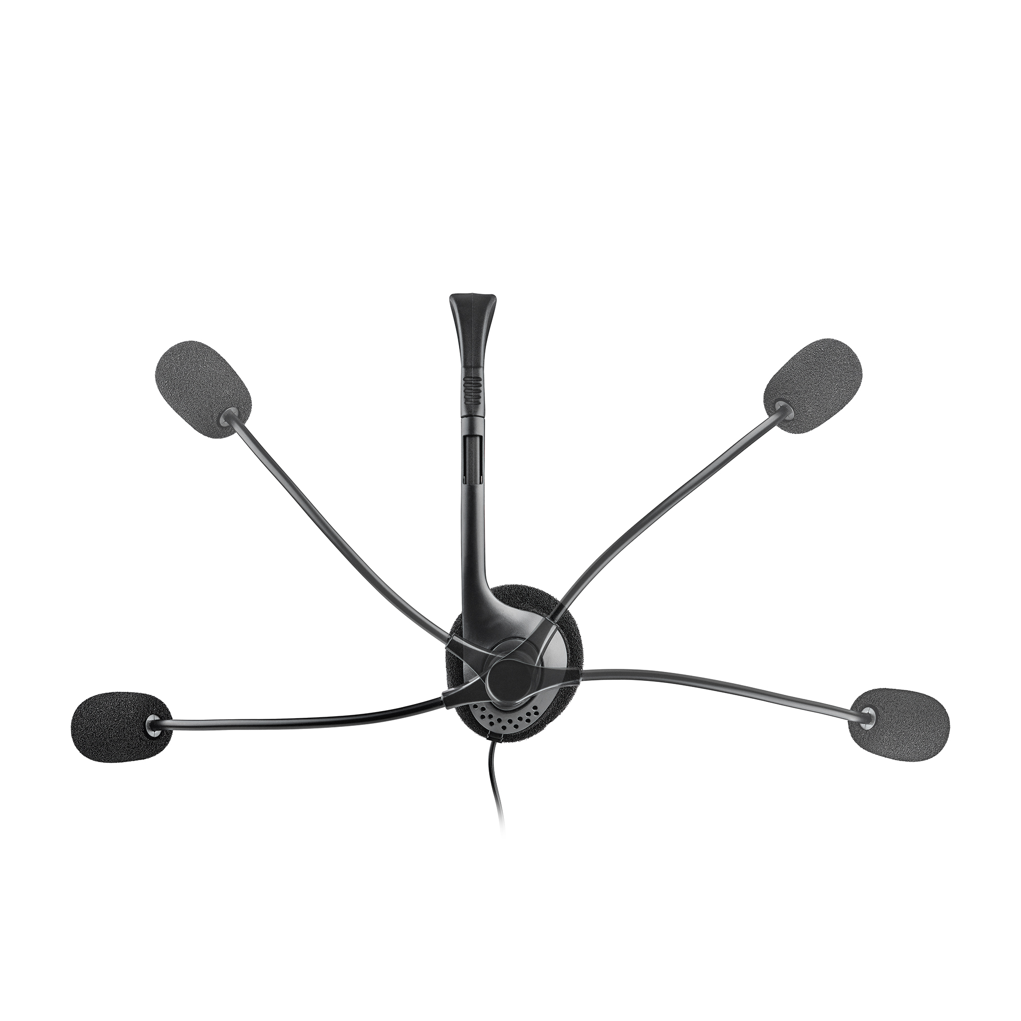 Draufsicht auf ein schwarzes Headset mit fünf flexiblen Mikrofonarmen.