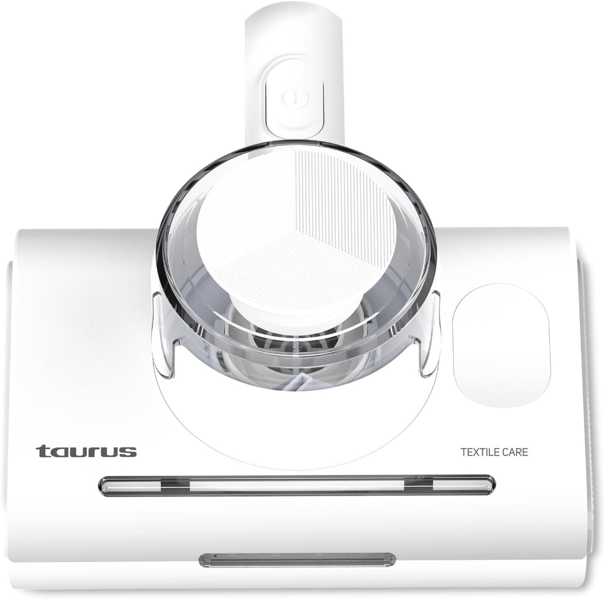 Biała głowica odkurzacza z przezroczystym pojemnikiem na kurz i logo Taurus.