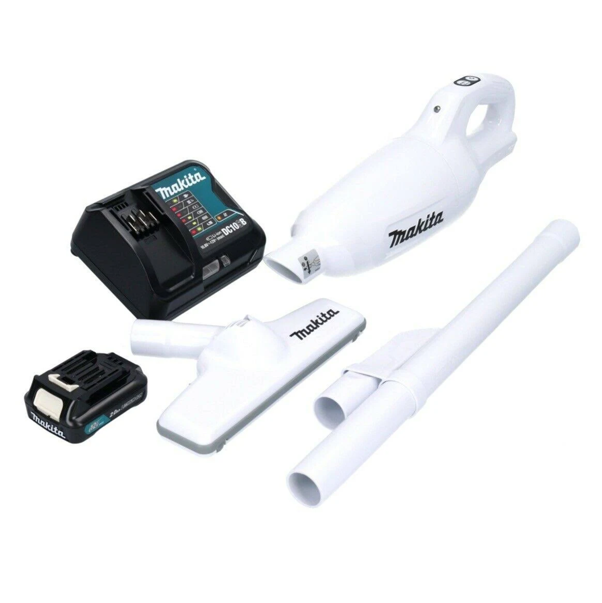 Aspirapolvere senza fili Makita con batteria, caricabatterie e accessori, tutto bianco.