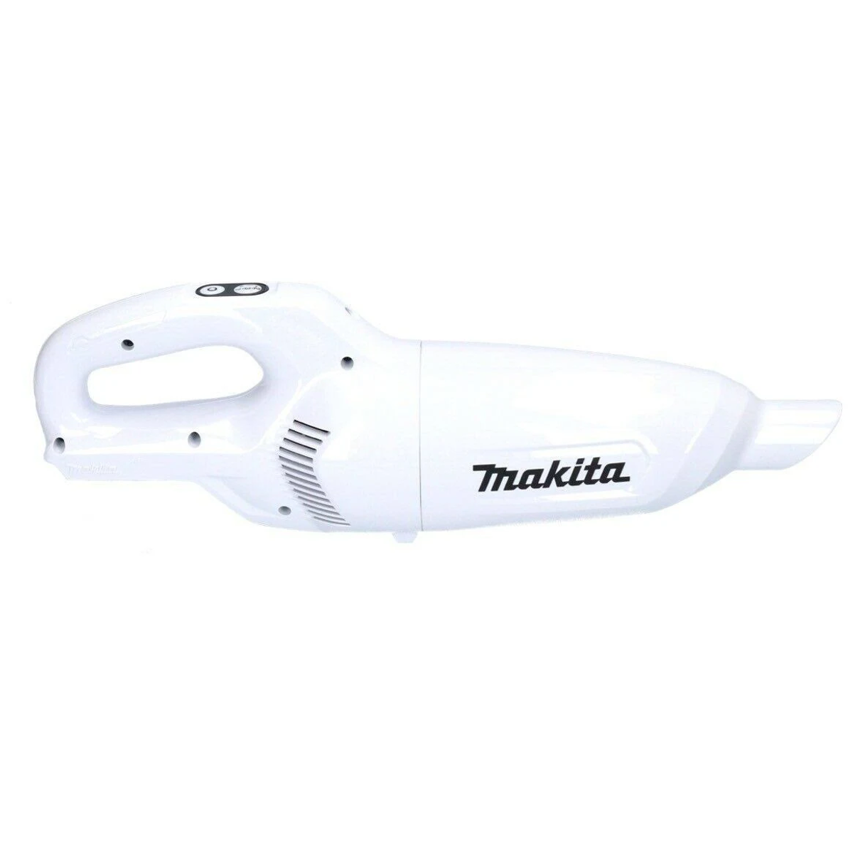 Aspirapolvere senza filo Makita bianco, con il logo Makita. Vista dall'alto, su sfondo bianco.
