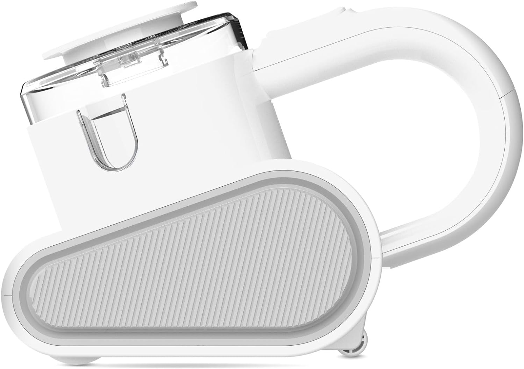 Biały odkurzacz ręczny, widziany z boku. Posiada uchwyt i teksturowaną podstawę.