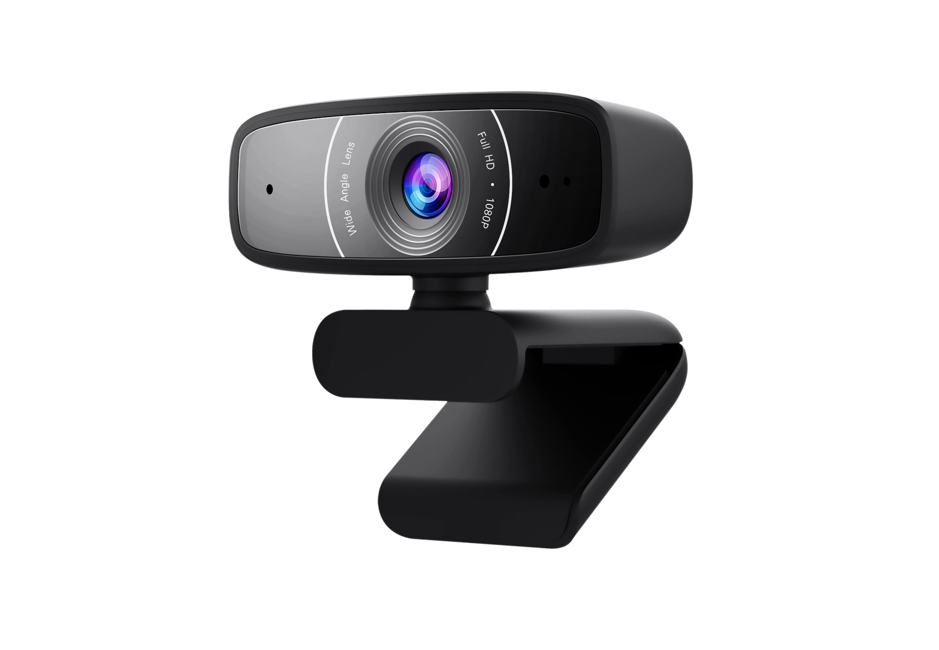 Eine schwarze Webcam mit Weitwinkelobjektiv, montiert auf einem Ständer, isoliert auf Weiß.