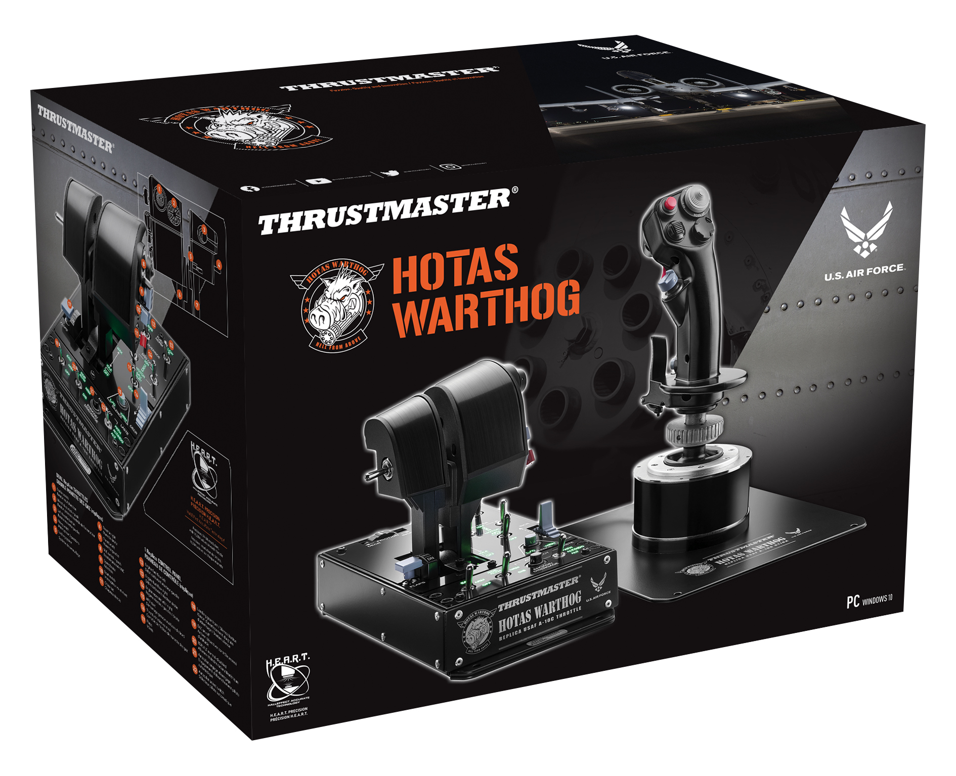 Scatola di un joystick e acceleratore HOTAS Warthog per simulatore di volo.