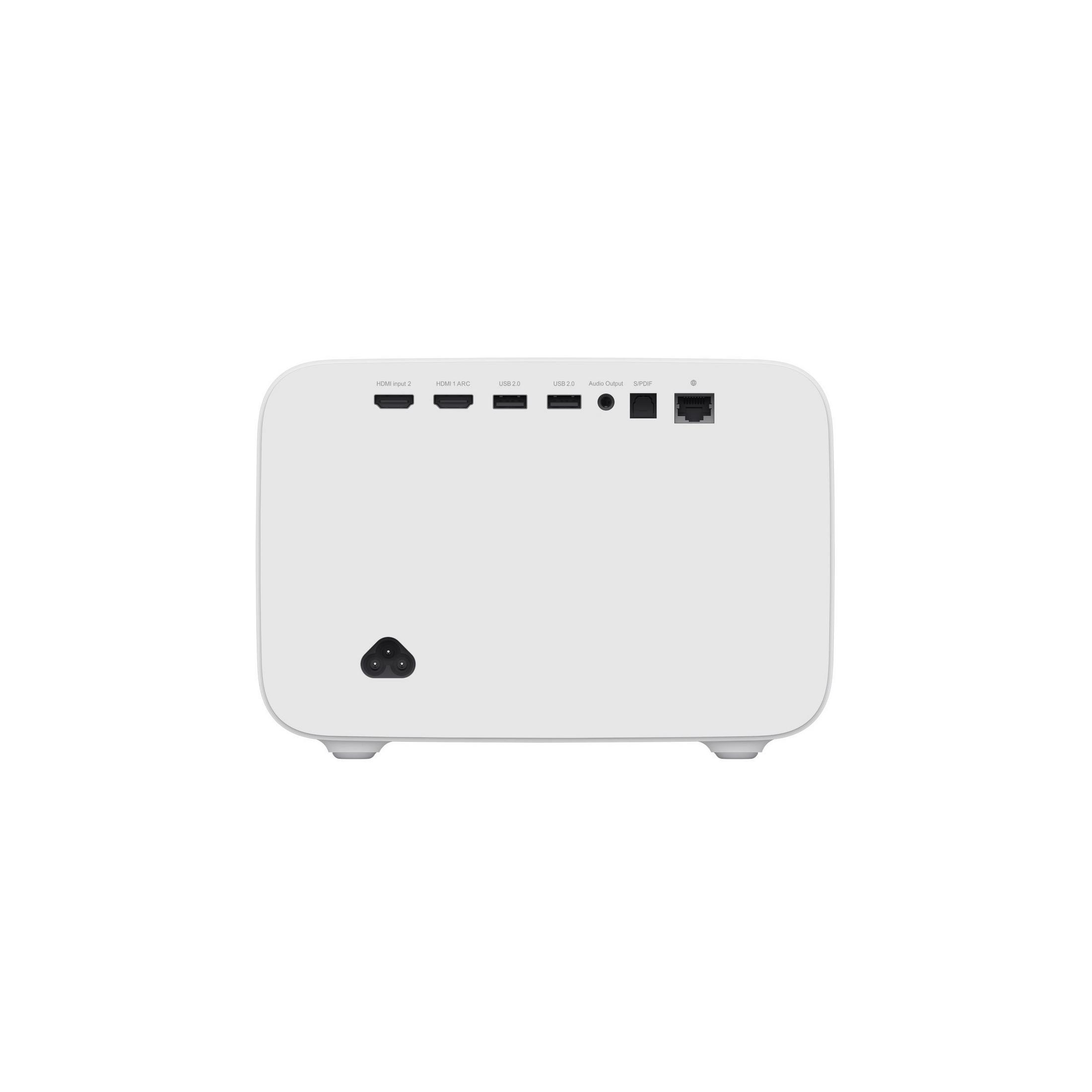 Un proyector blanco con múltiples puertos de entrada y un triángulo negro en la parte trasera.