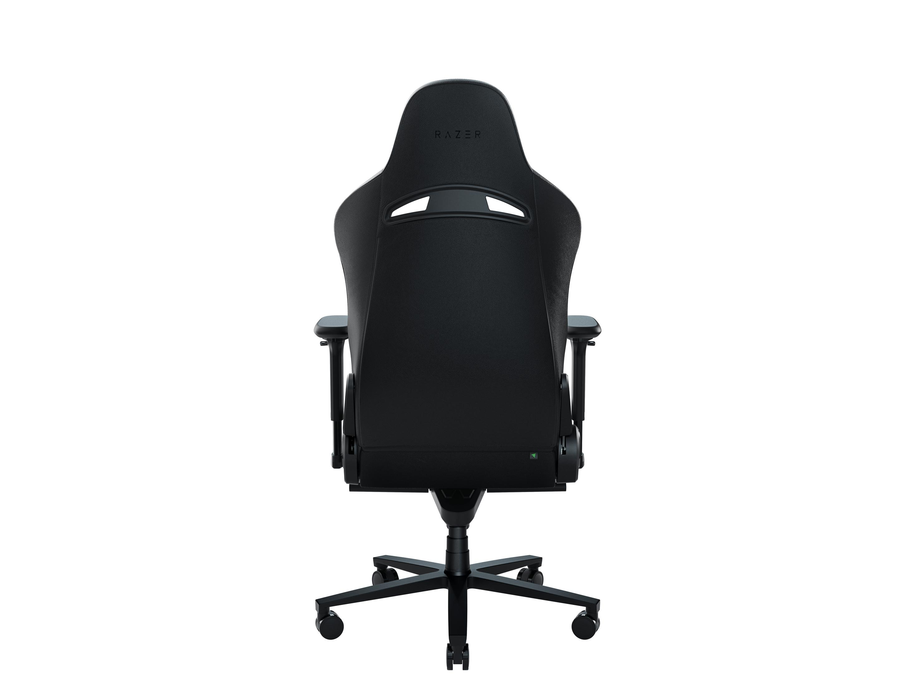 Czarny fotel gamingowy Razer, widok z tyłu, z logo Razer.