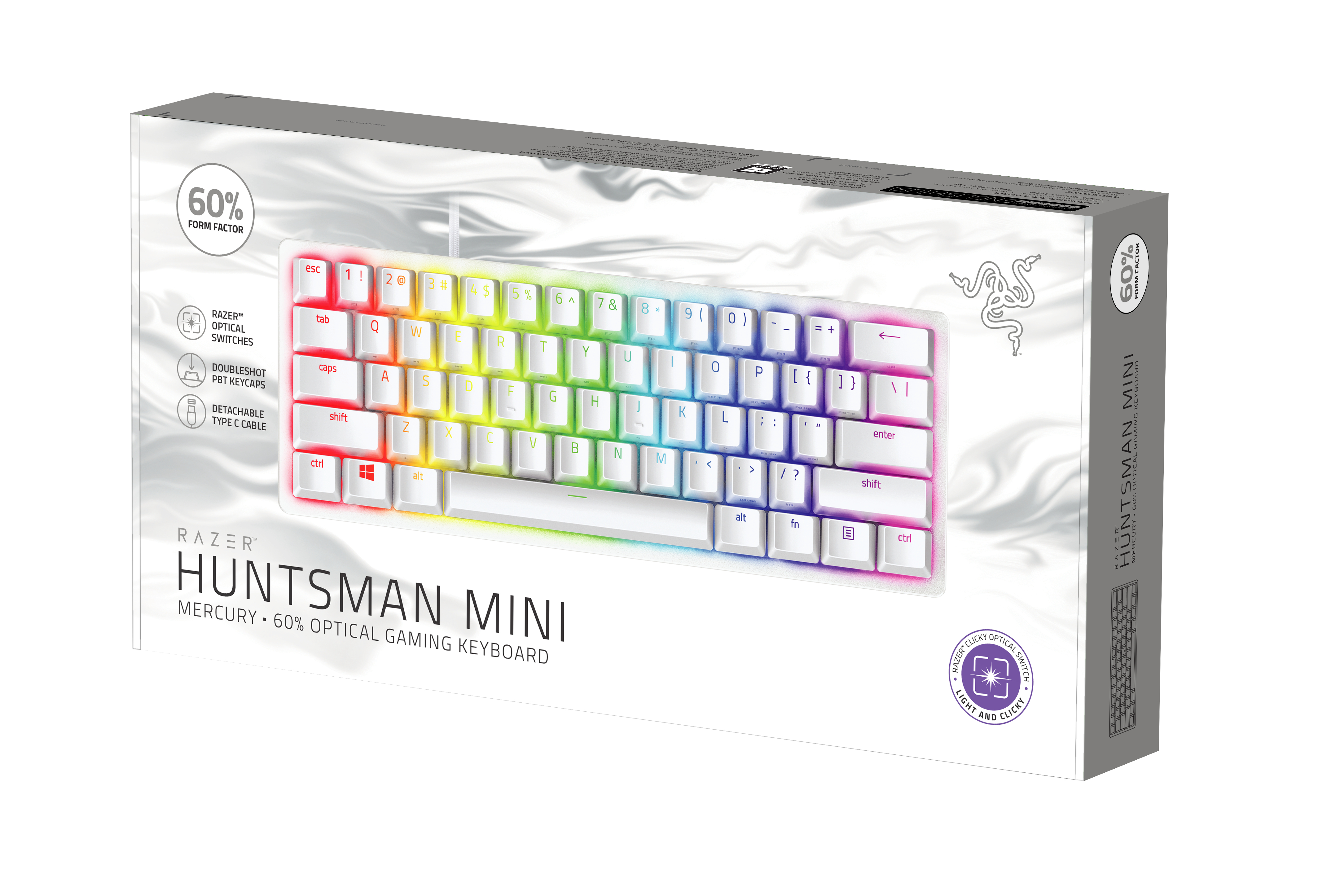 Weiße Razer Huntsman Mini Gaming-Tastatur im Karton. Tastatur hat Regenbogenbeleuchtung.