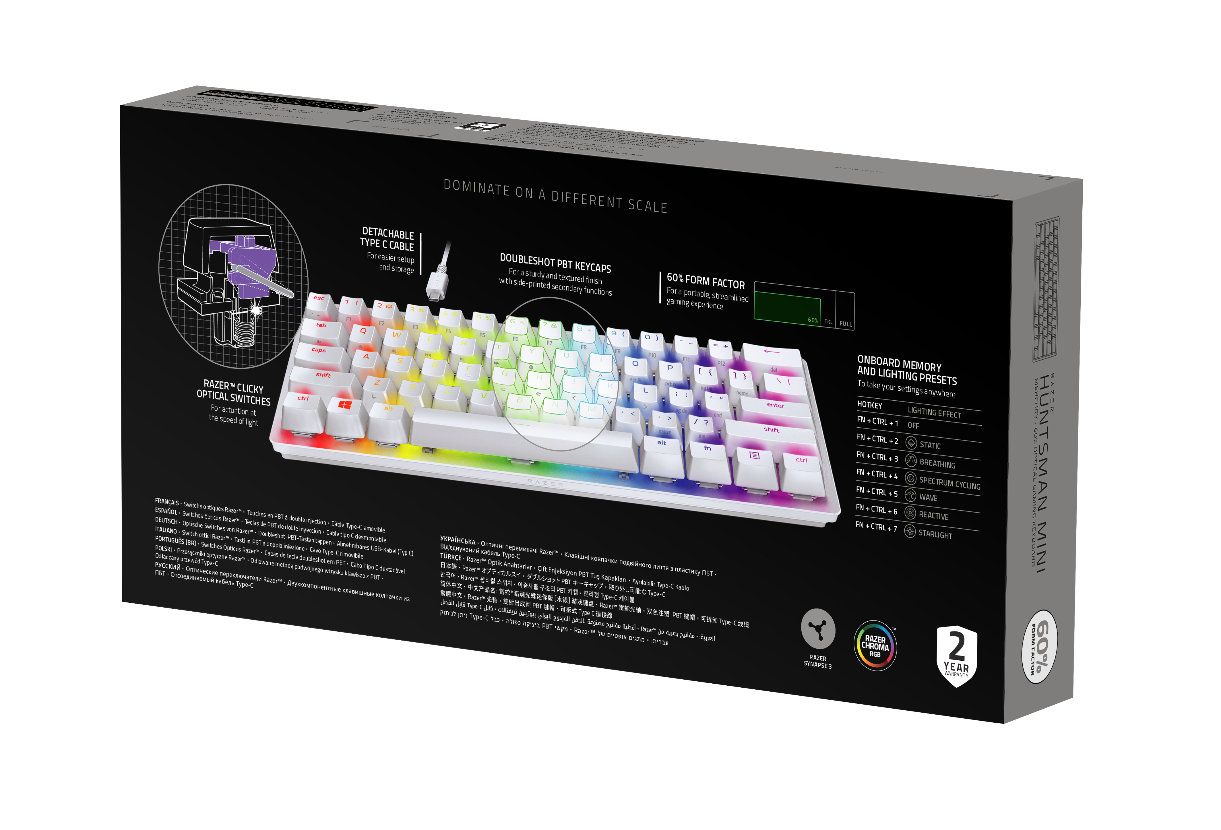 Razer Huntsman Mini keyboard box with a keyboard graphic and text. White background.