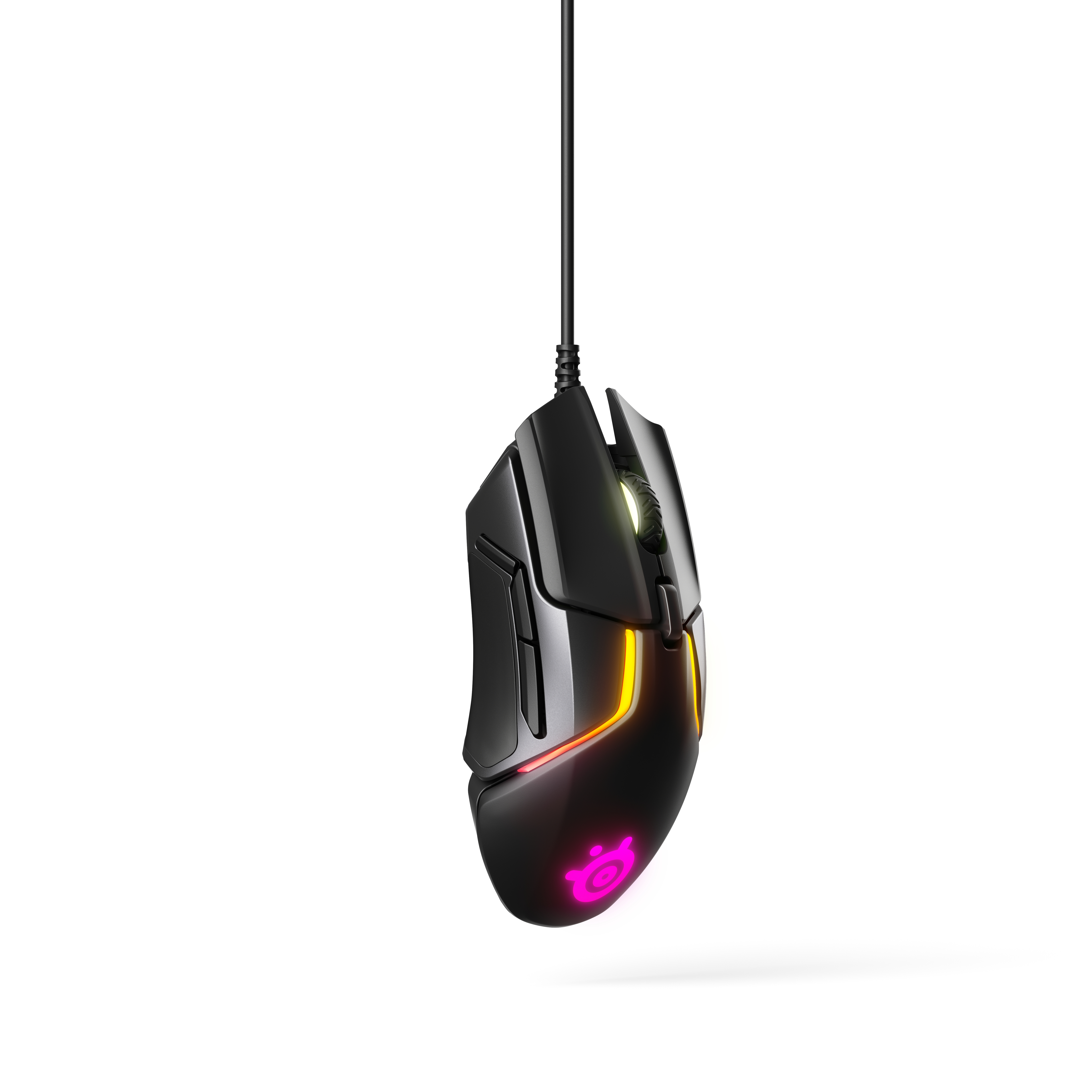 Schwarze Gaming-Maus, pinkes Logo, Kabel hängend.
