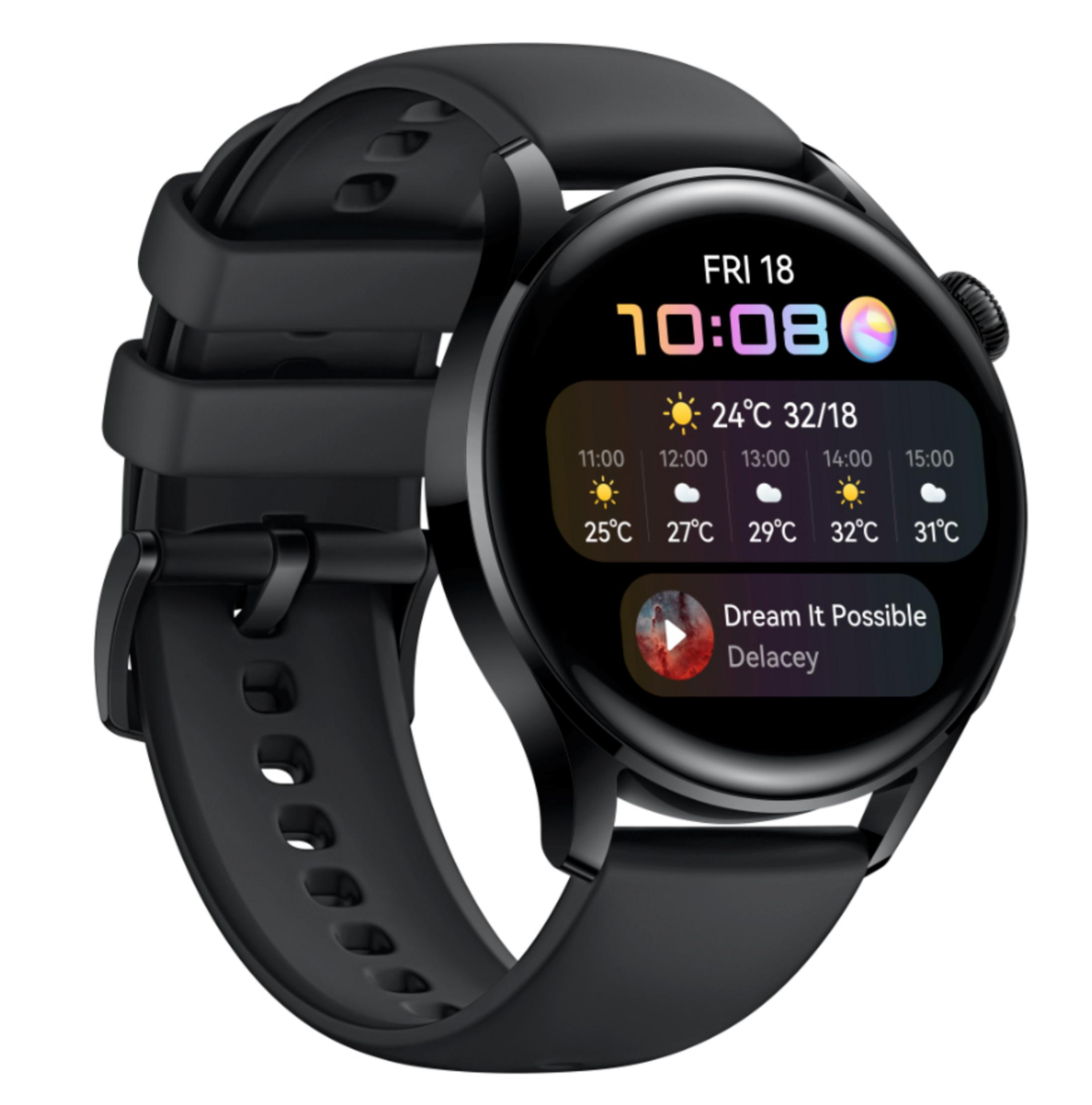 Schwarze Smartwatch mit rundem Bildschirm, der Zeit, Datum, Wetter und eine Musik-App-Oberfläche anzeigt.