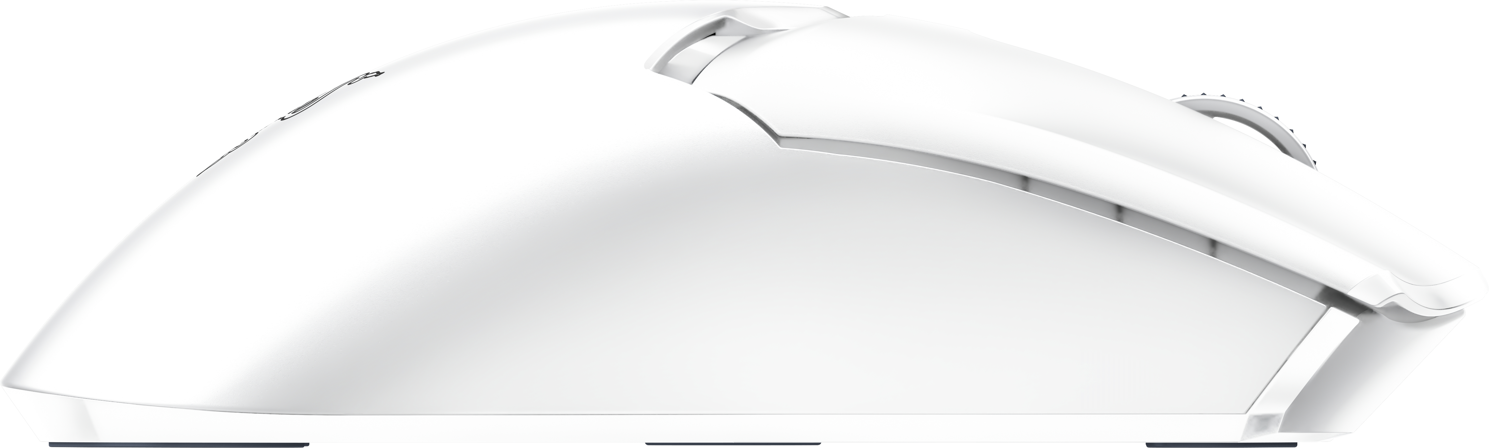 Un mouse wireless bianco con rotella di scorrimento e pulsanti, da una vista laterale su sfondo bianco.