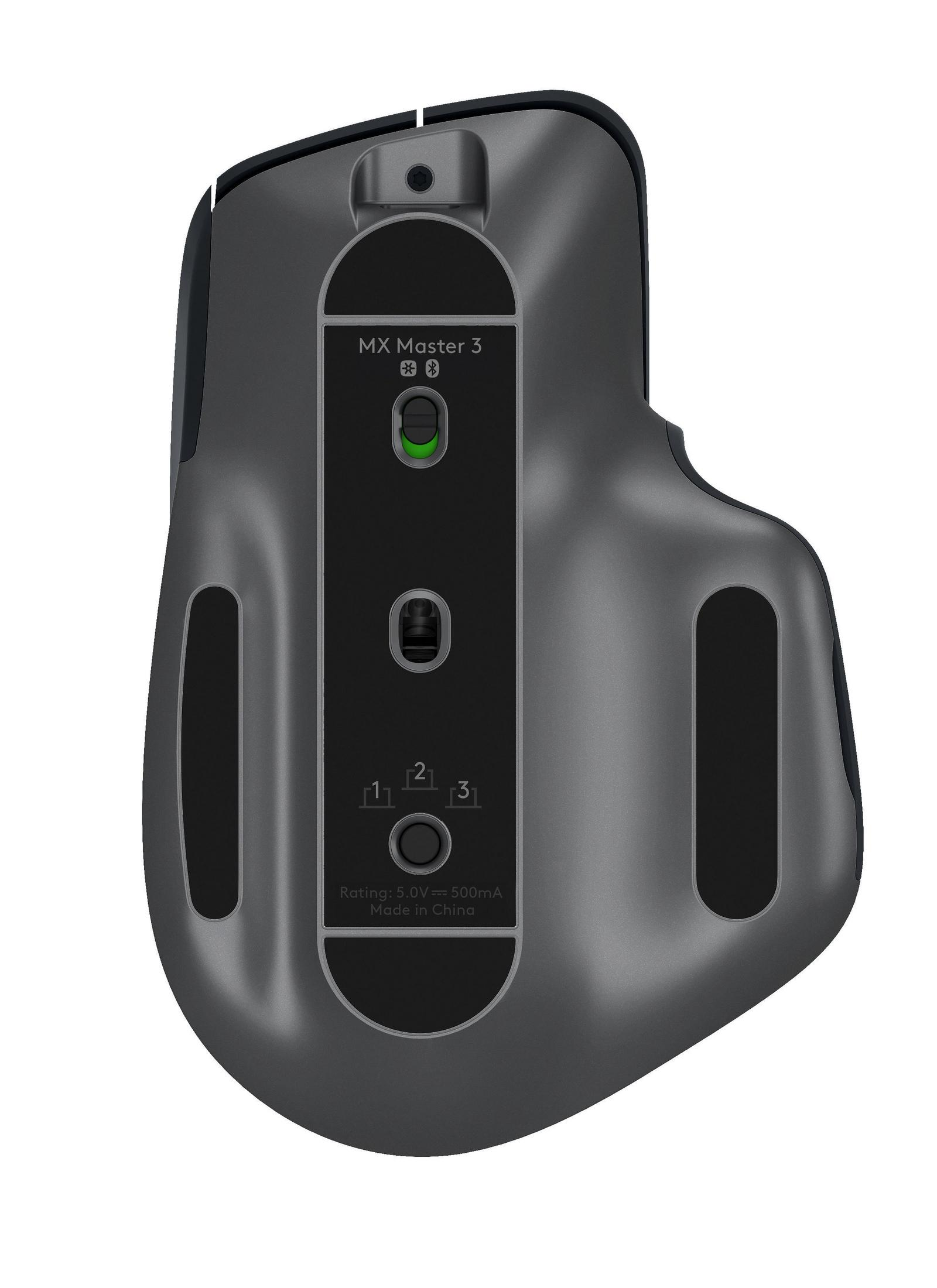 Le bas d'une souris Logitech MX Master 3, montrant l'interrupteur d'alimentation, le bouton Bluetooth et trois boutons de profil.