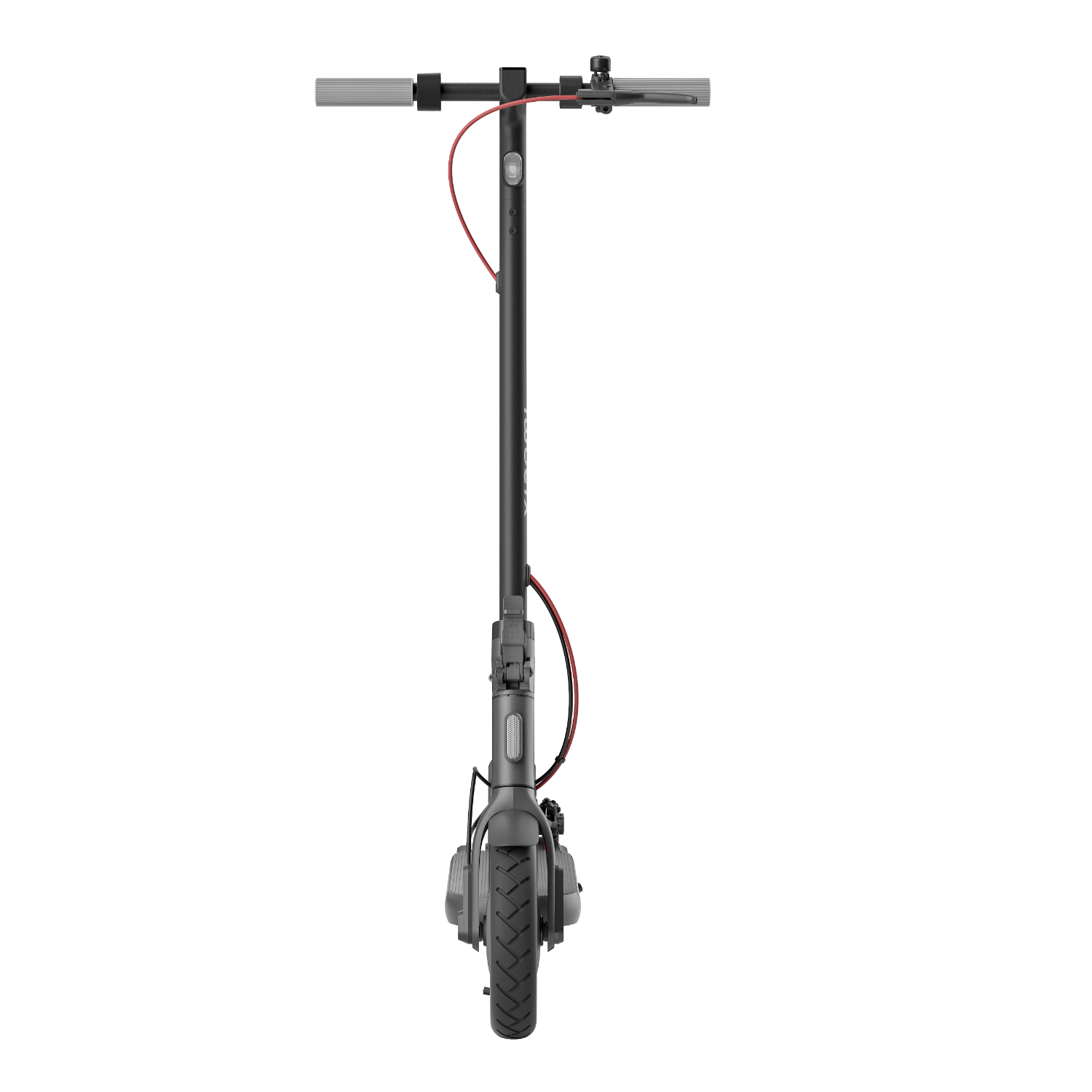 Uno scooter elettrico grigio, visto dall'alto, con cavo rosso, manubrio e sfondo nero.