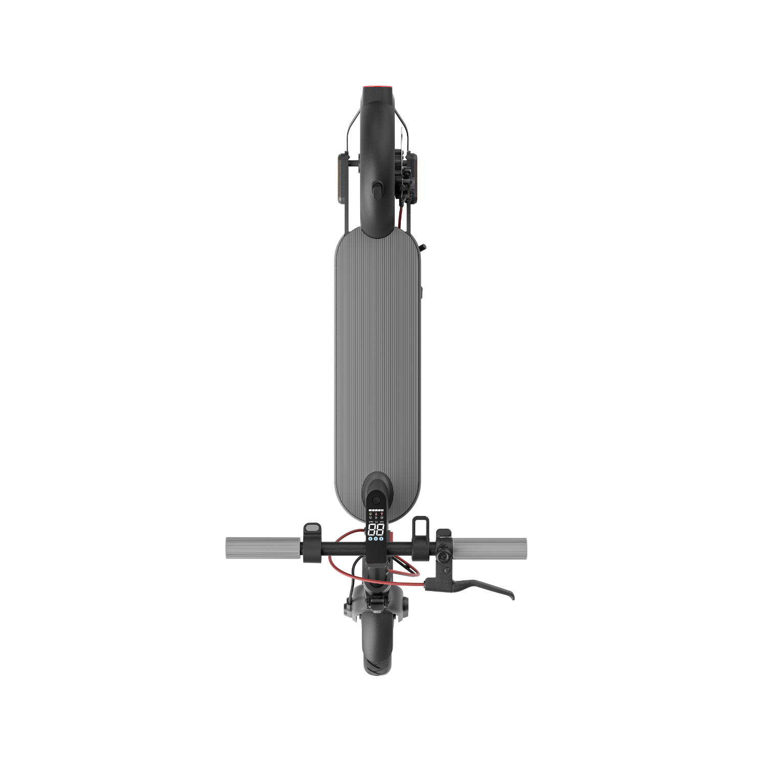 Vista dall'alto di un monopattino elettrico. Piattaforma e manubrio grigi, display digitale. Sfondo nero.