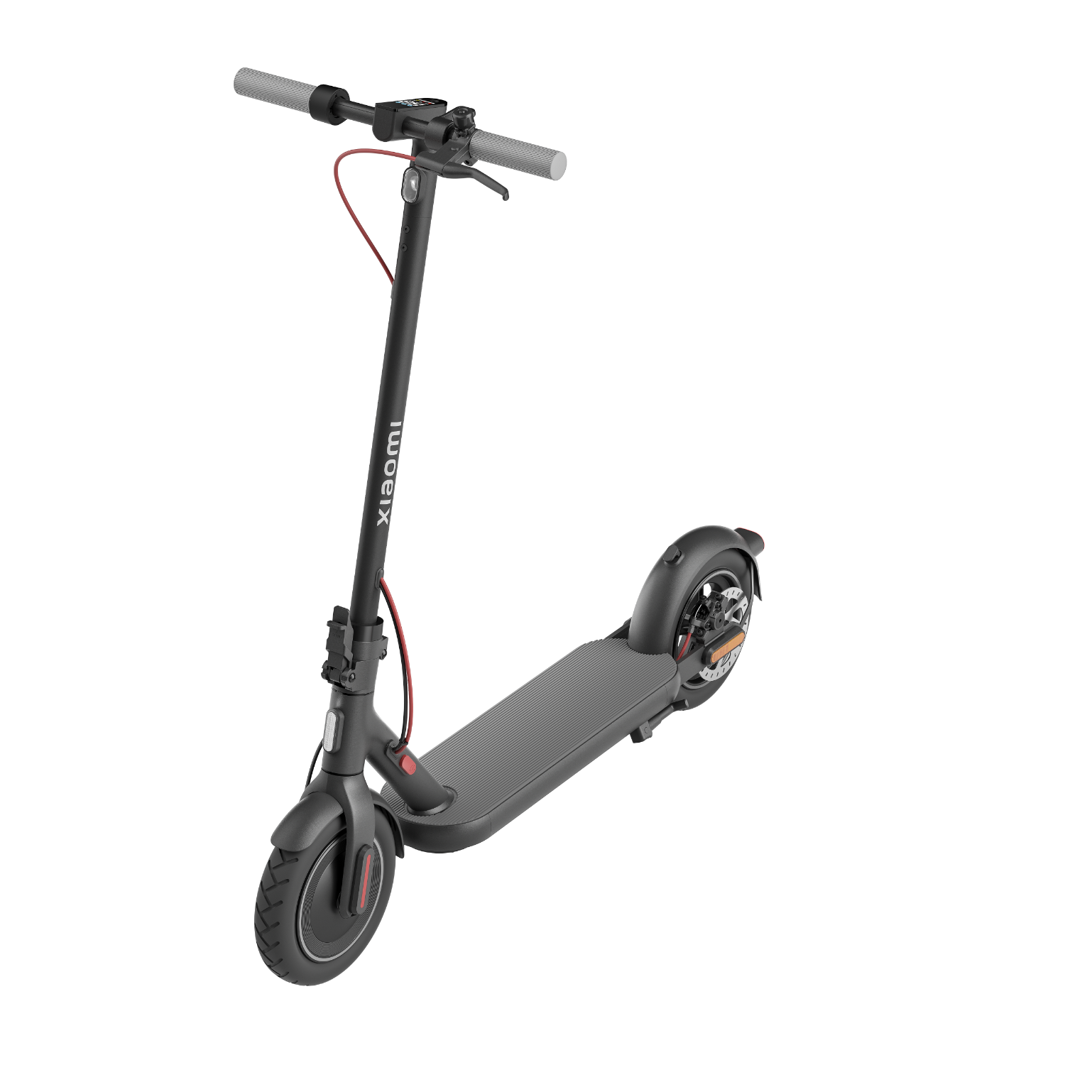 Scooter elettrico nero con cavo rosso. Lo sfondo è nero.