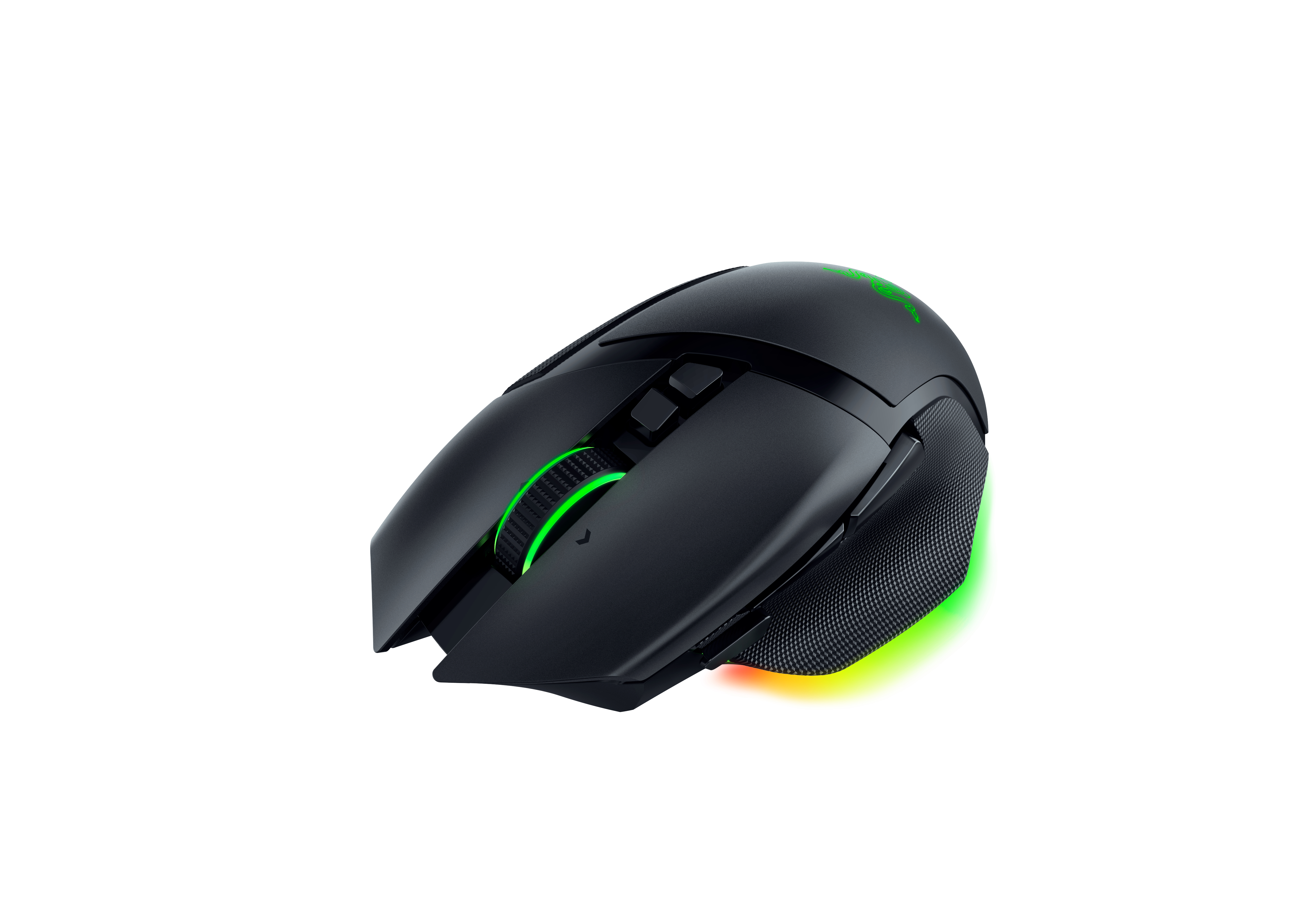 Black Razer gaming mouse with green accents. White background.