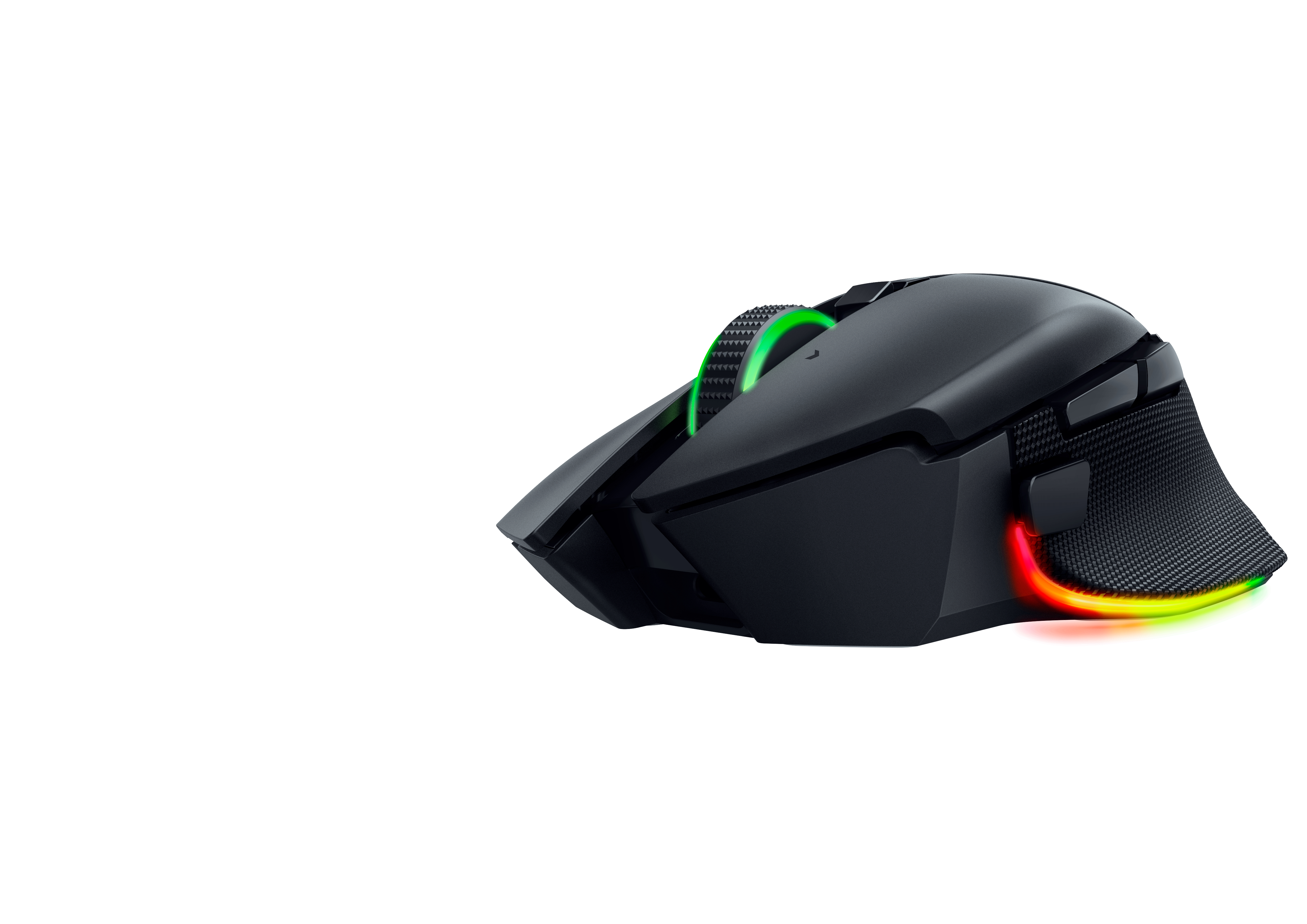 Black Razer gaming mouse. Features include a scroll wheel with green ring and RGB lighting.