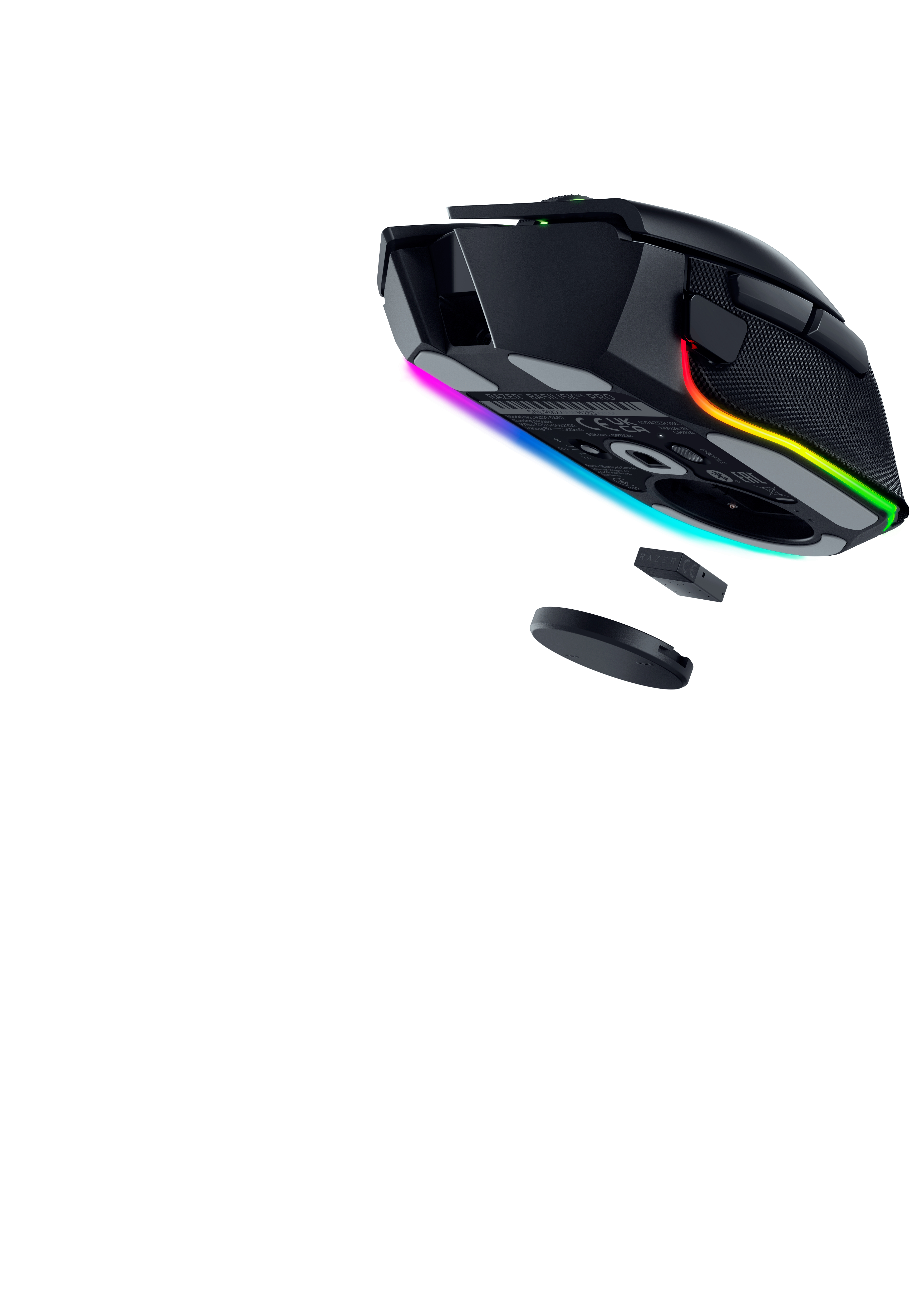Black gaming mouse with RGB lighting and detachable parts, on a white background.