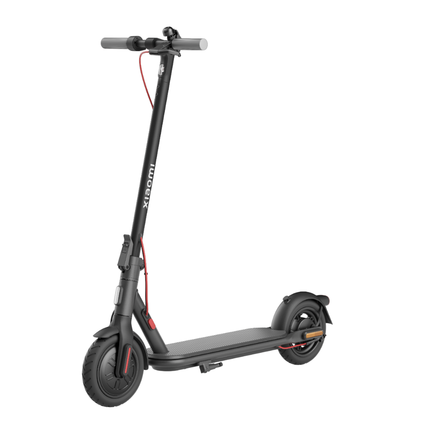 Un monopattino elettrico Xiaomi nero con un cavo rosso. Lo scooter è su sfondo scuro.