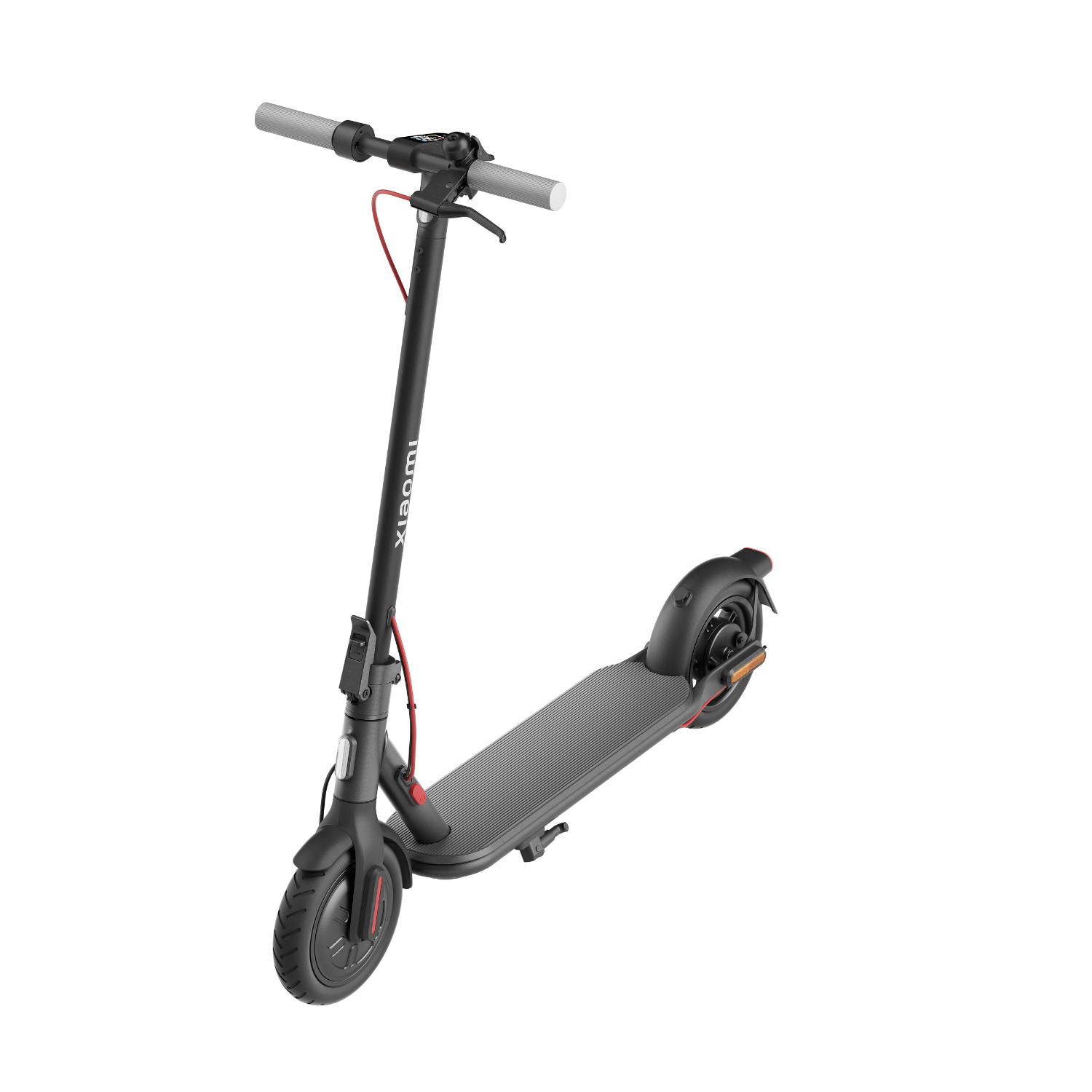 Monopattino elettrico nero su sfondo bianco, con manubrio e pedana.