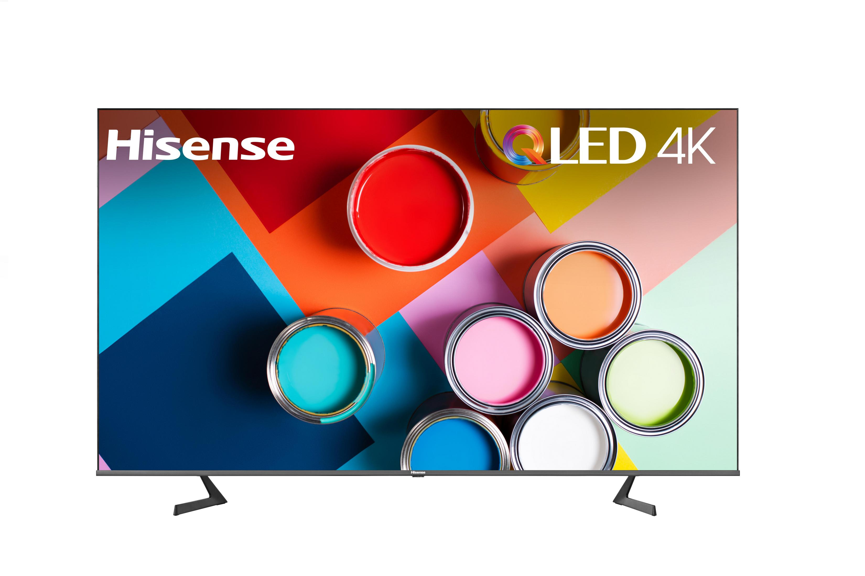 Ekran telewizora Hisense LED 4K wyświetlający kolorowe wiadra z farbą.