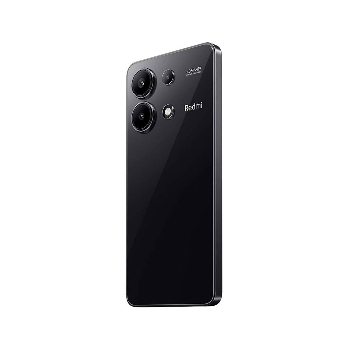 Zwarte smartphone met cameralenzen, Redmi-logo. Schuine weergave, witte achtergrond.