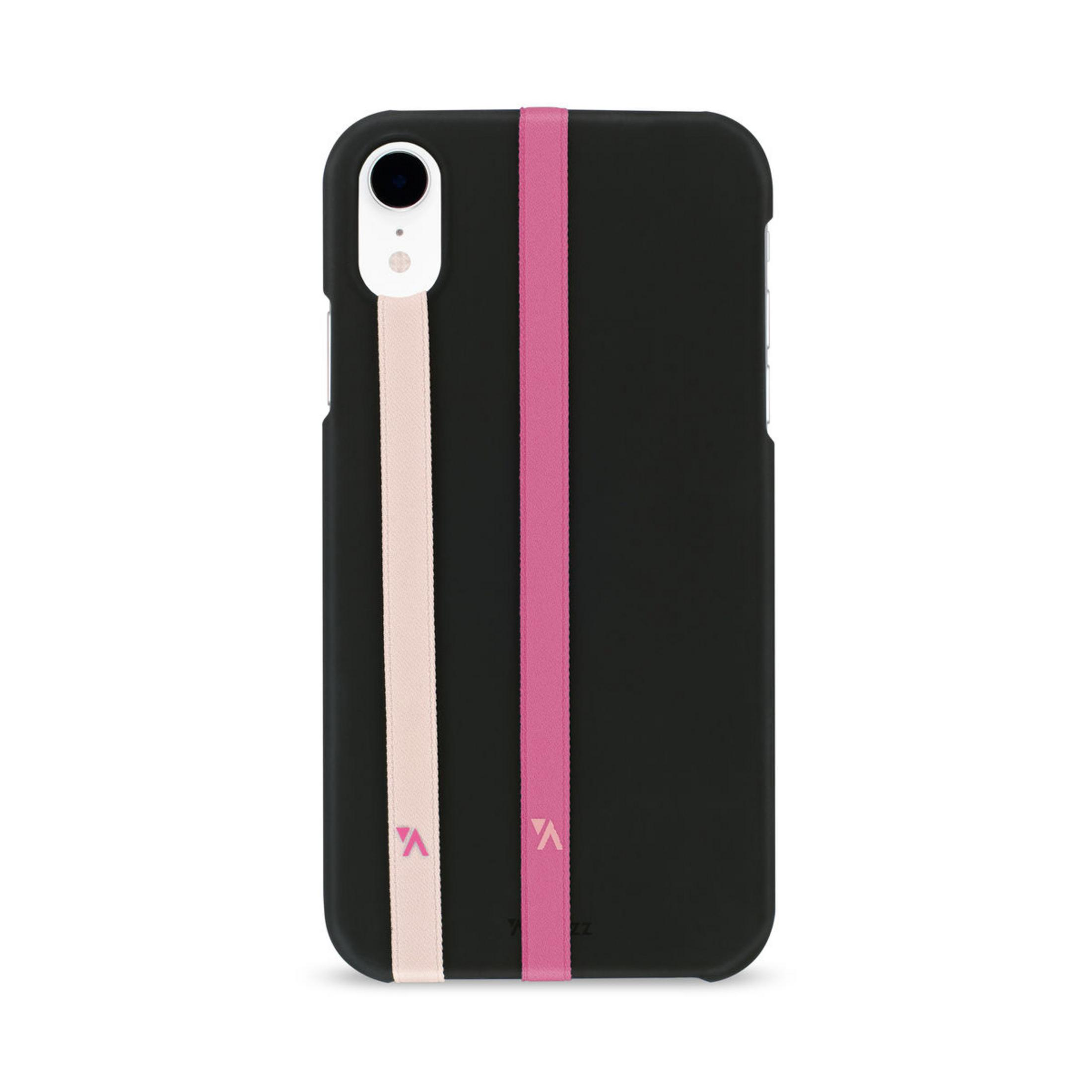 Schwarze Handyhülle mit rosa und hellrosa Bändern. Die Hülle hat eine Kameralinse.