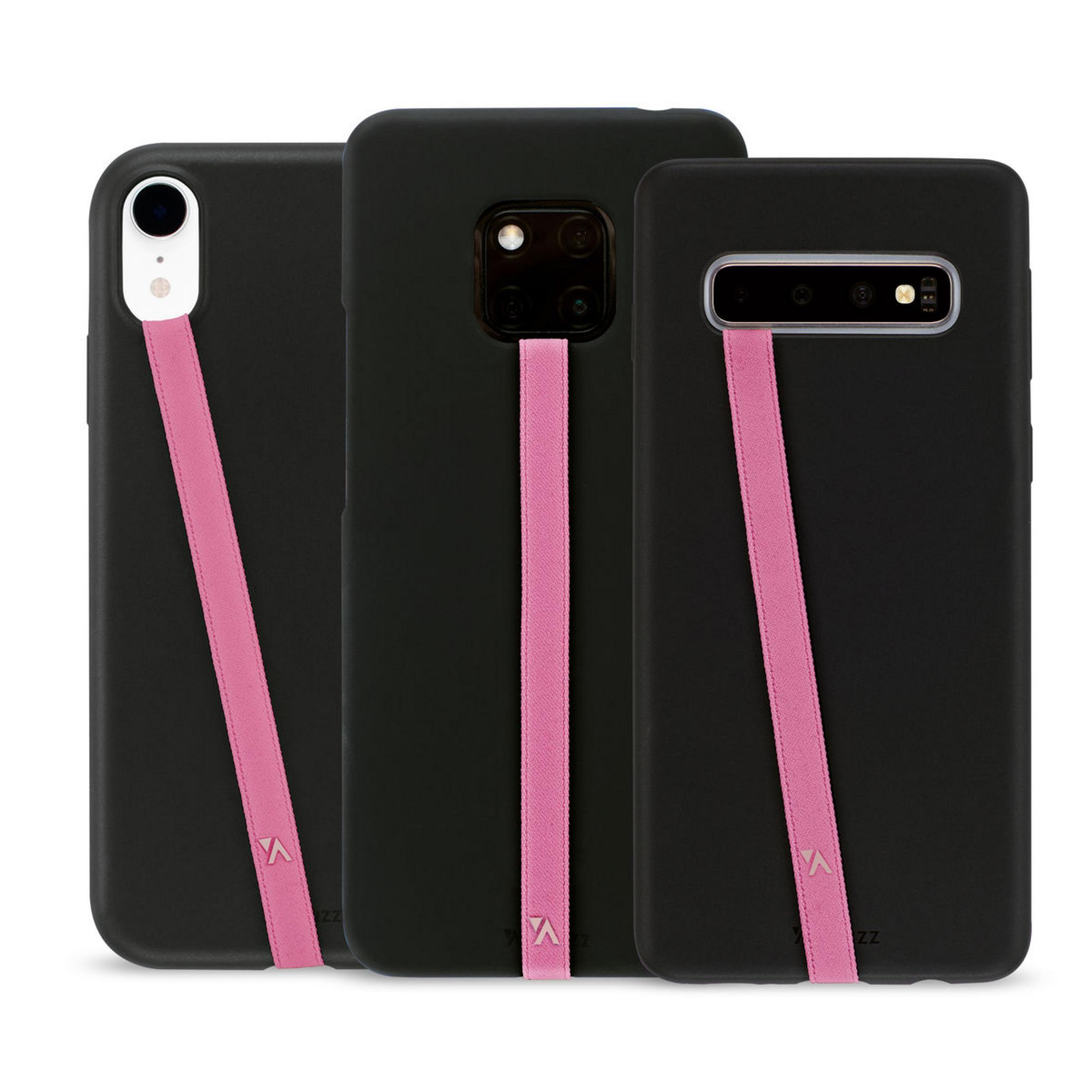 Drei schwarze Handyhüllen mit rosa Bändern, jede hält ein Telefon.