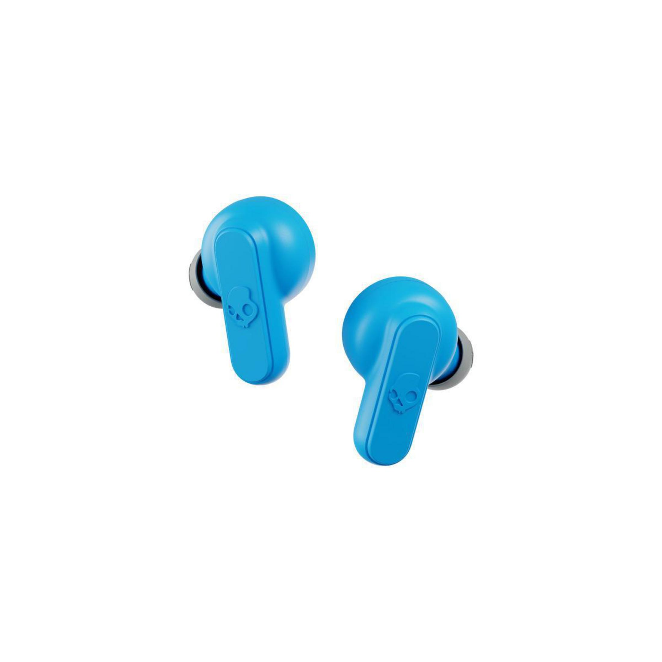 Zwei blaue Ohrhörer. Jeder hat einen runden Körper und einen kleinen Stiel. Skullcandy-Logo auf jedem Ohrhörer.