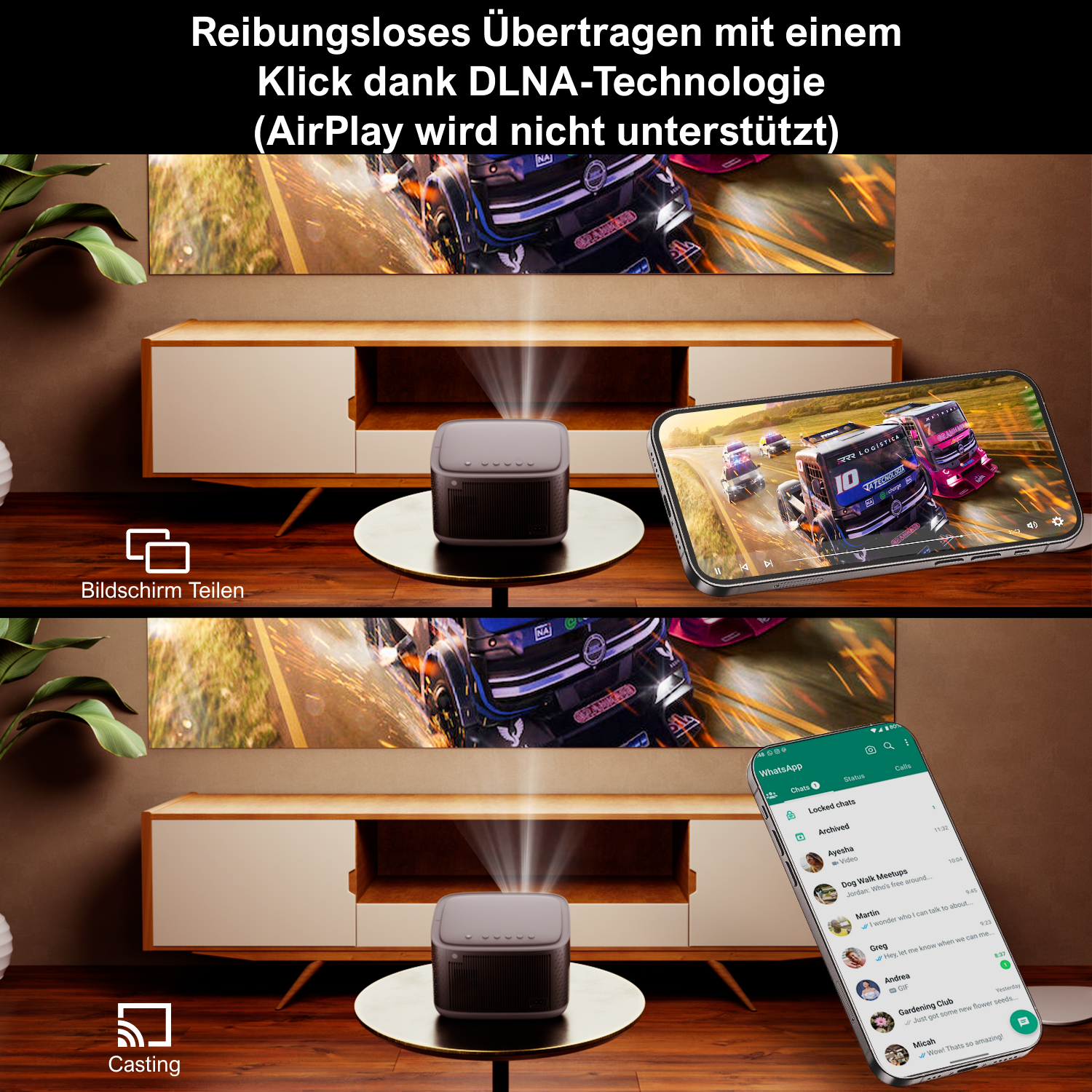 Ein Projektor und ein Telefonbildschirm, die Inhalte auf einem Schrank teilen.