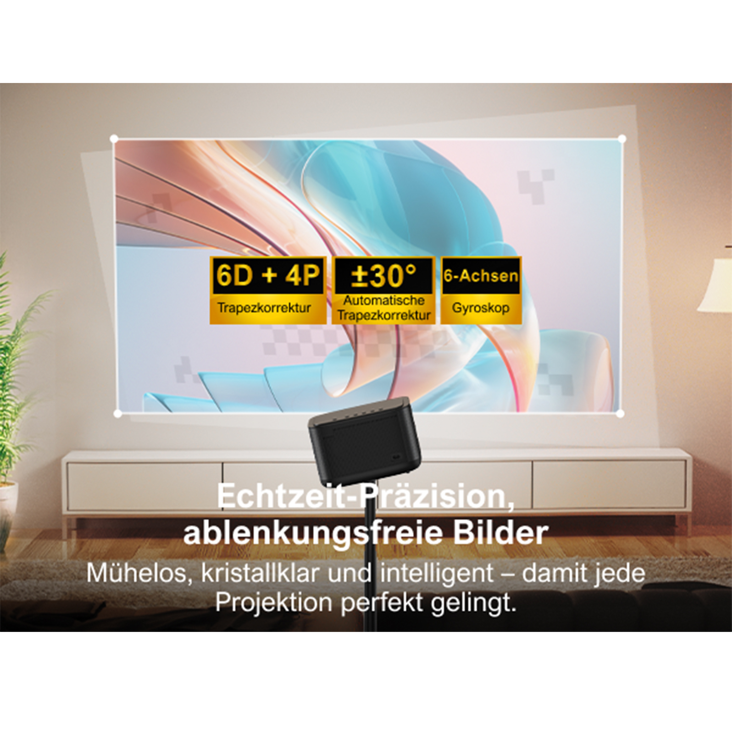Ein Projektor zeigt ein Bild auf einer weißen Leinwand, mit Text zur Trapezkorrektur und einem Gyroskop.