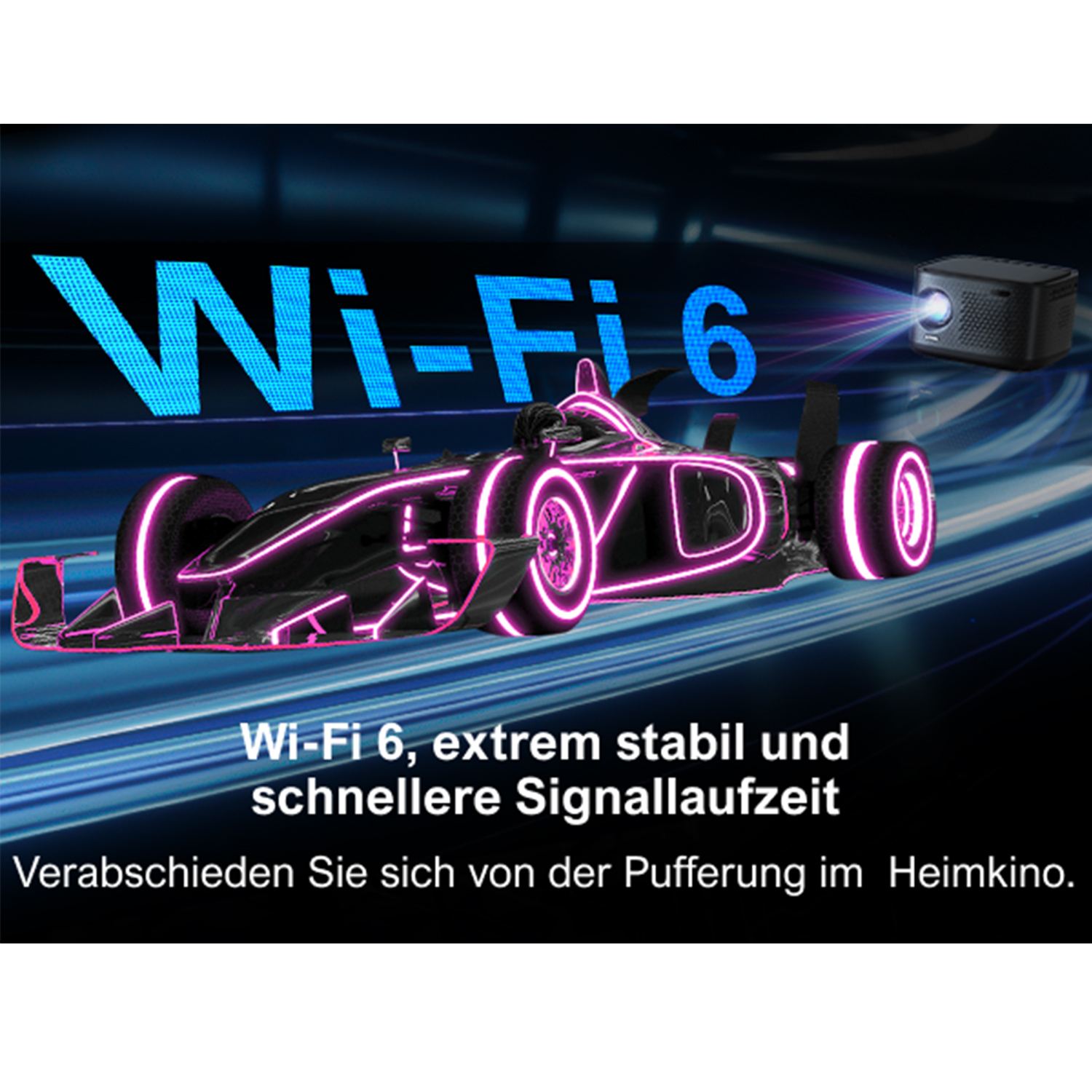 Ein Rennwagen mit Wi-Fi 6 Text und einem Projektor.