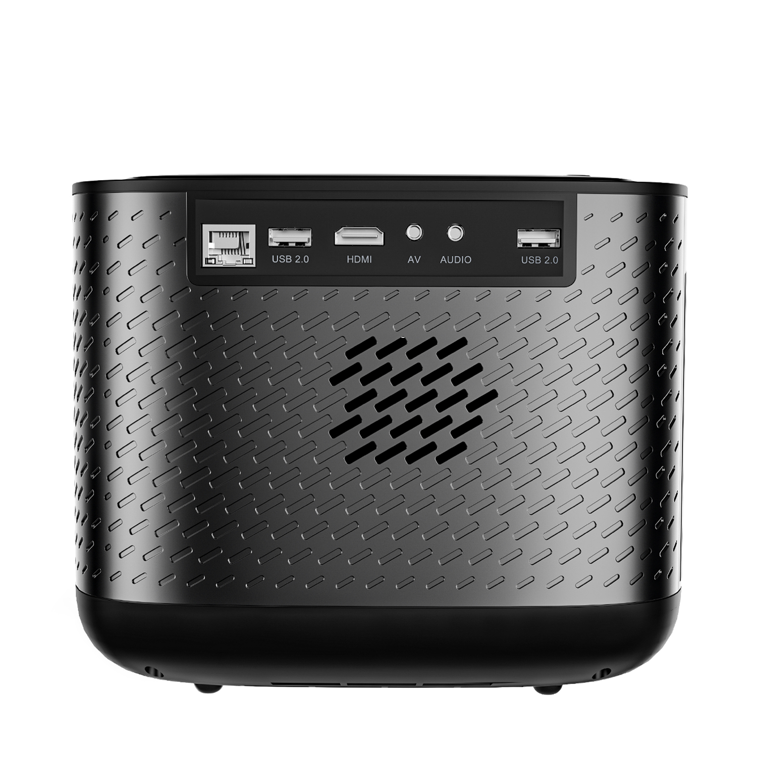 A black projector with USB, HDMI, AV, and audio ports on the back surface.