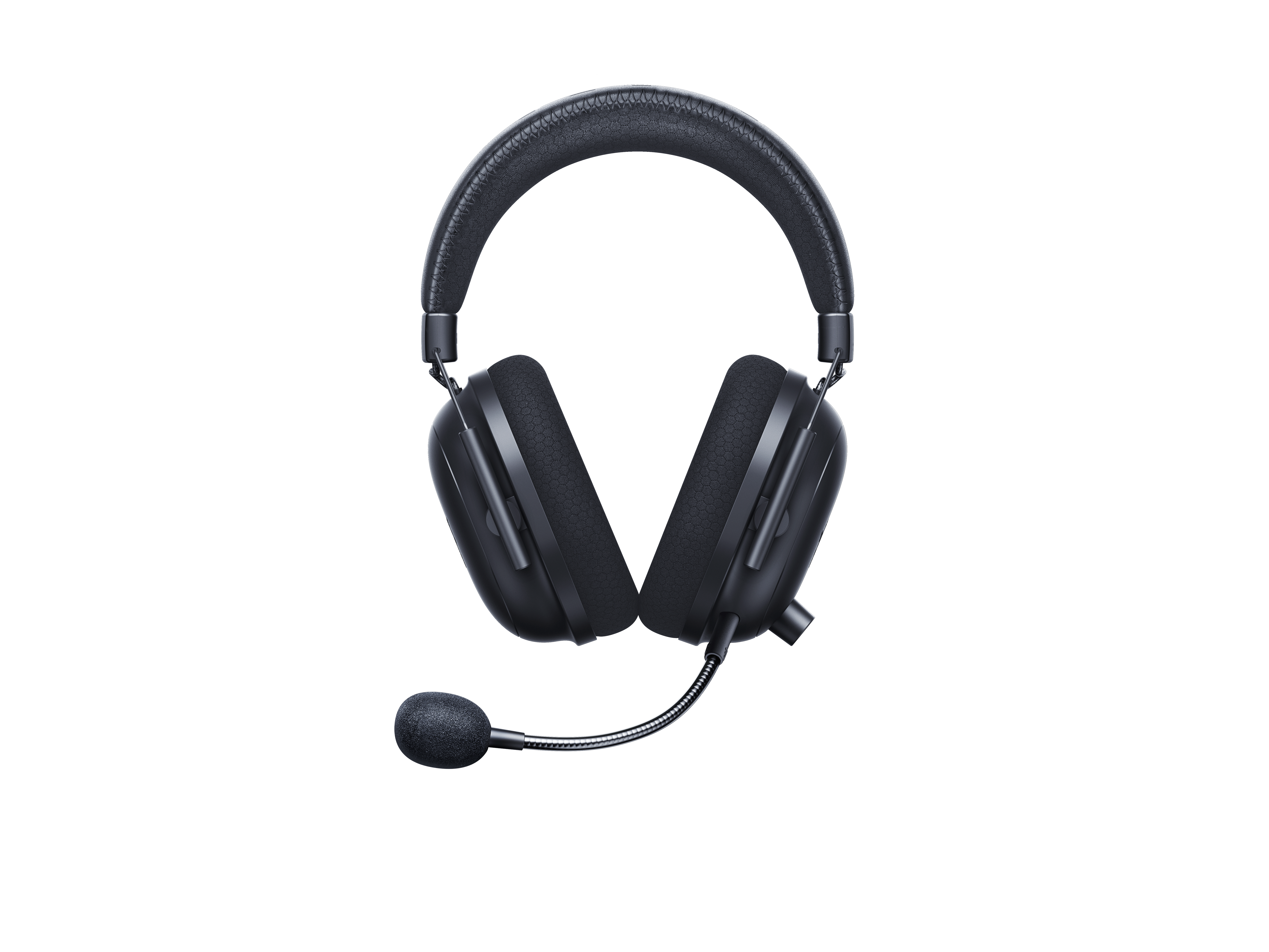 Cuffie da gioco over-ear nere con microfono. Le cuffie hanno una fascia e padiglioni neri.