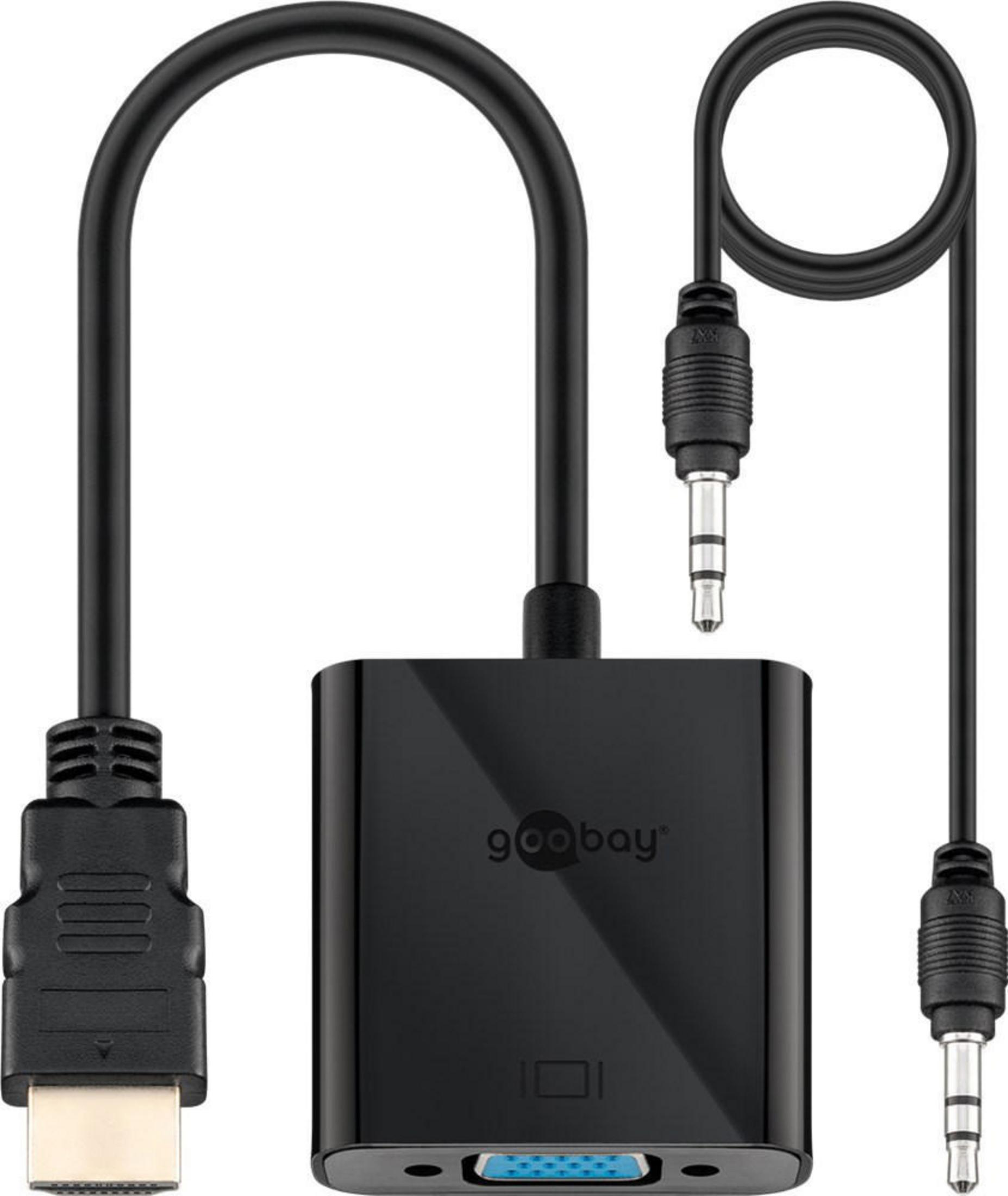 Schwarzer HDMI-zu-VGA-Adapter mit Audioanschlüssen. Weißer Hintergrund.