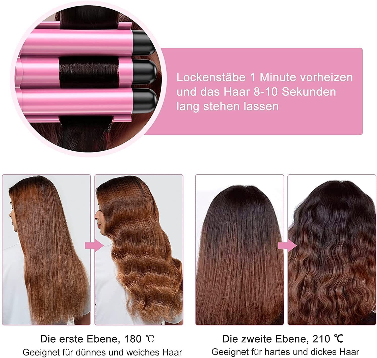 Haare mit einem rosa Gerät locken, Vorher-Nachher-Ergebnisse zeigend. Text erklärt die Verwendung und Haartypen. Weißer Hintergrund.