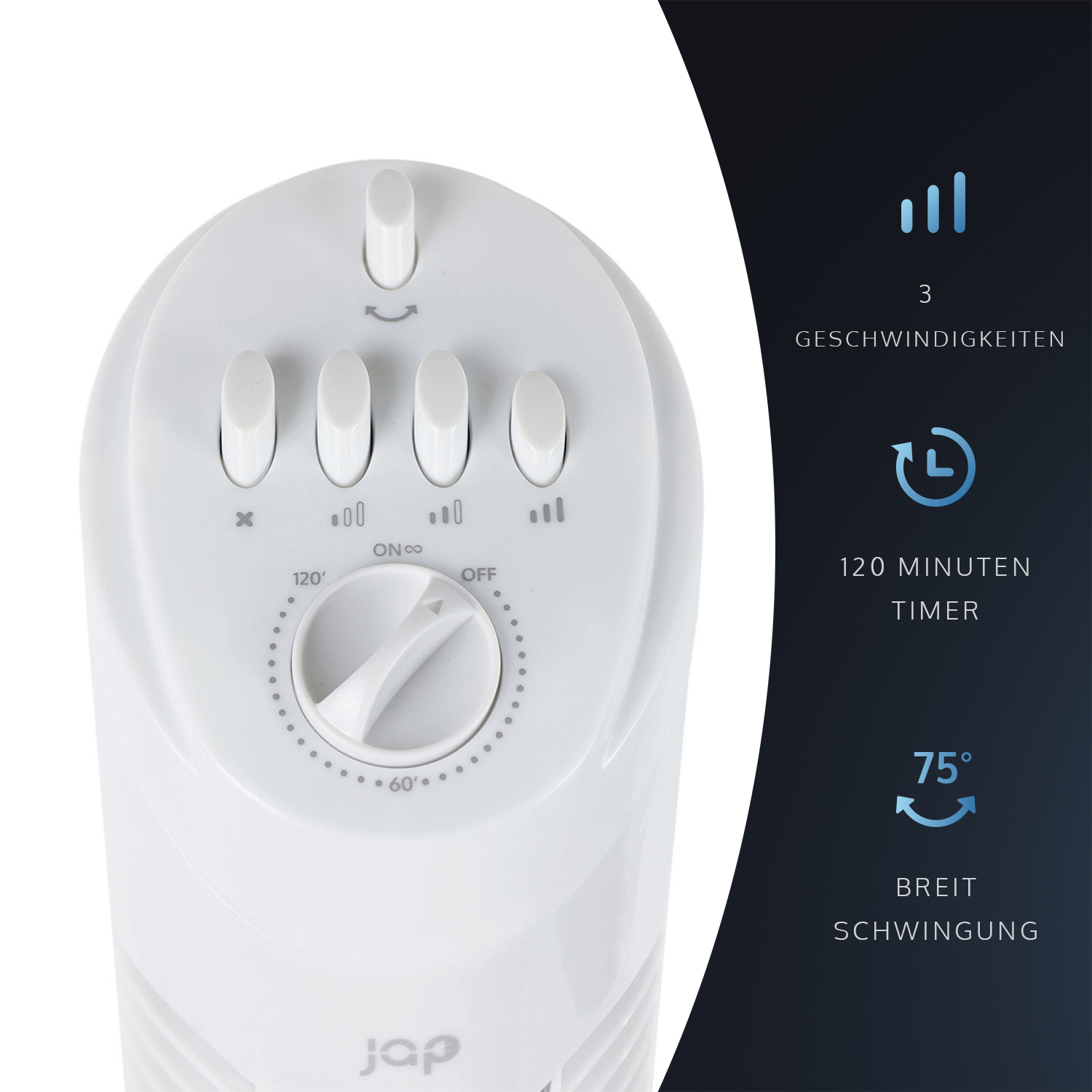 White fan control panel with buttons and timer.