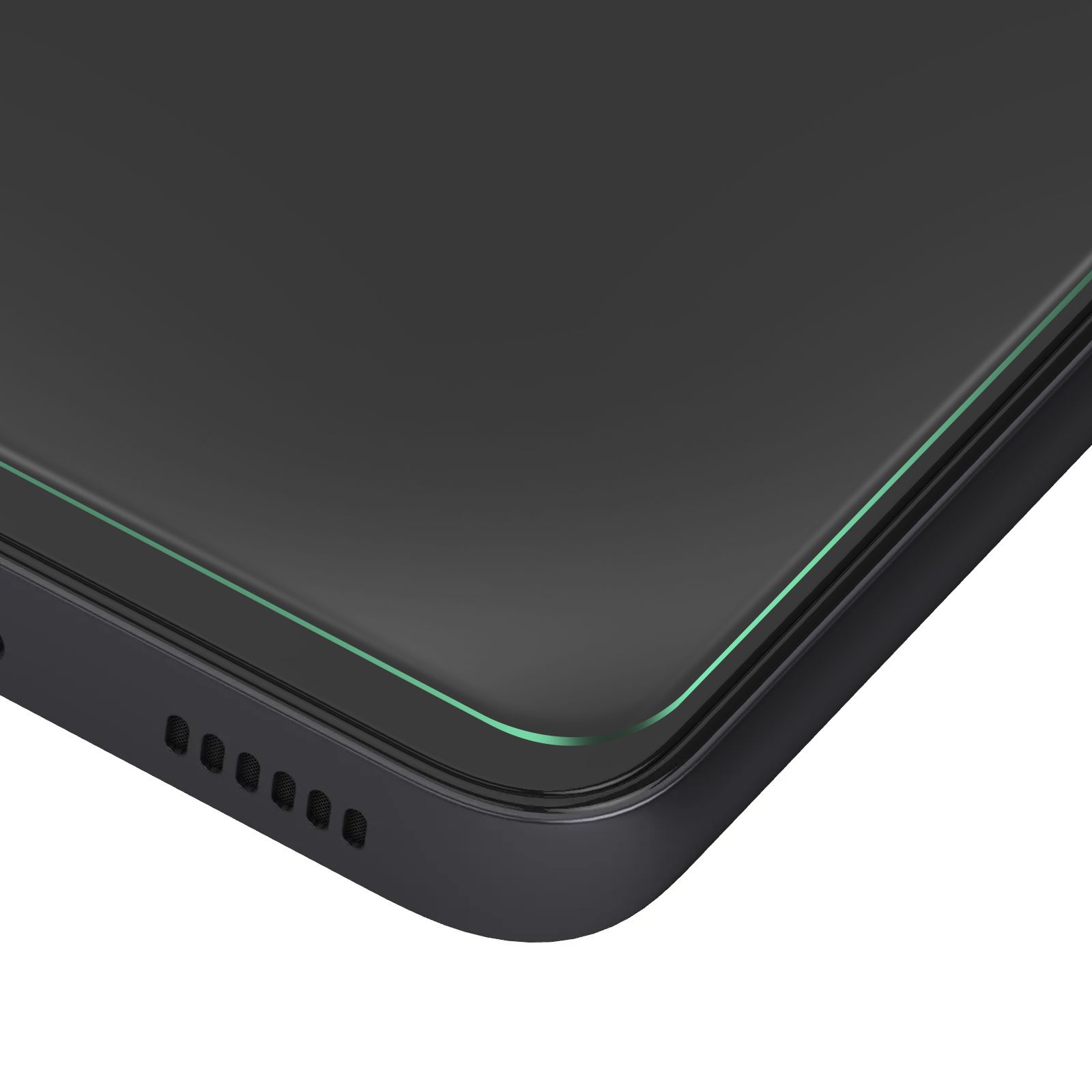 Primo piano di un angolo nero di un dispositivo elettronico. Ha uno schermo bordato di verde e fori per altoparlanti. Sfondo bianco.
