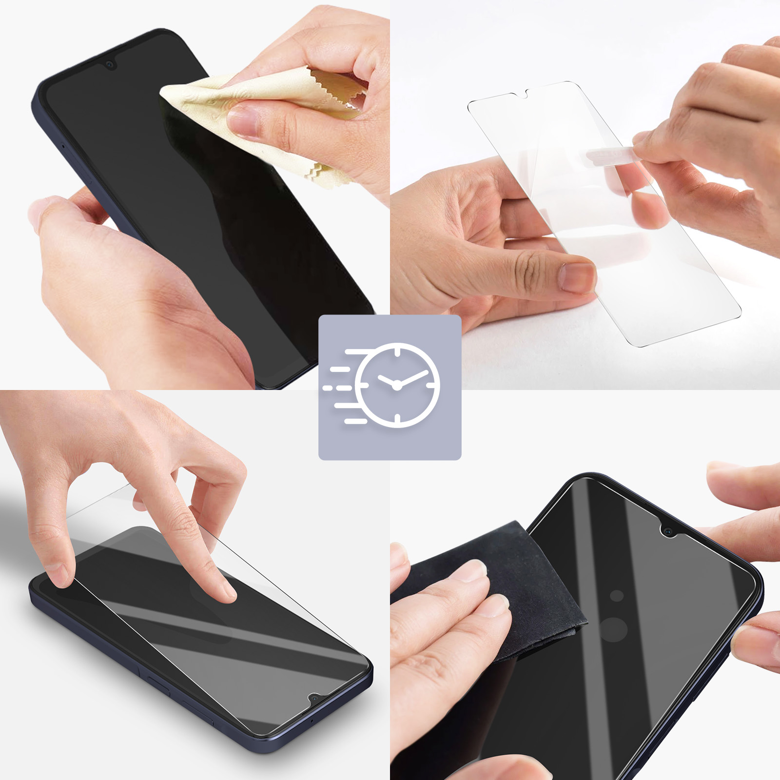 Mani che applicano una protezione per lo schermo a uno smartphone. Include pulizia, rimozione e applicazione. Un'icona dell'orologio suggerisce velocità.
